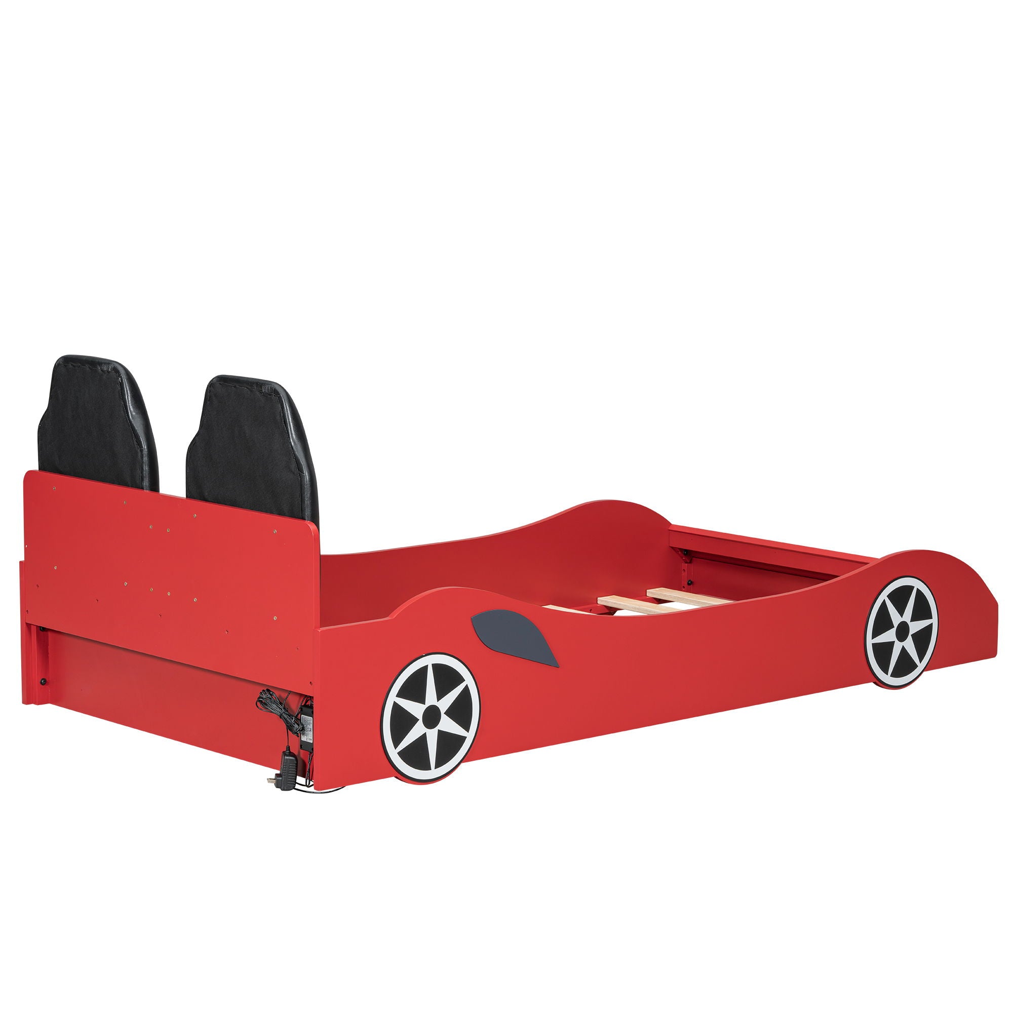 Race Car Shaped Platform Bed With LED And Upholstered Backrest In