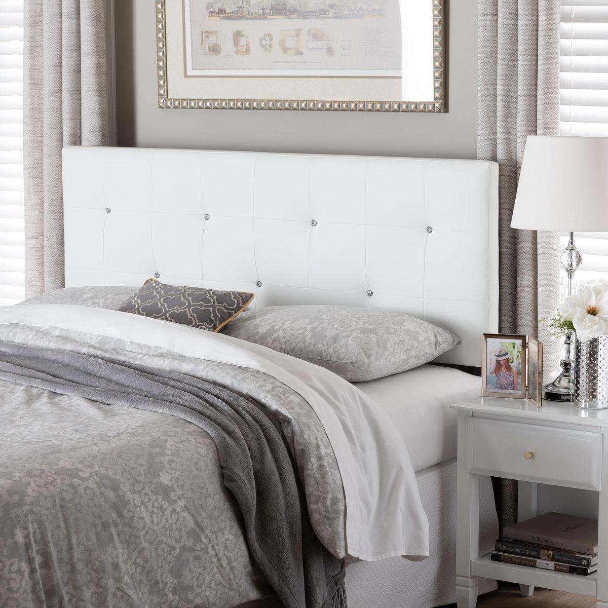 Dalini Modern and Contemporary Queen White Faux Leather Headboard with Faux Crystal Buttons