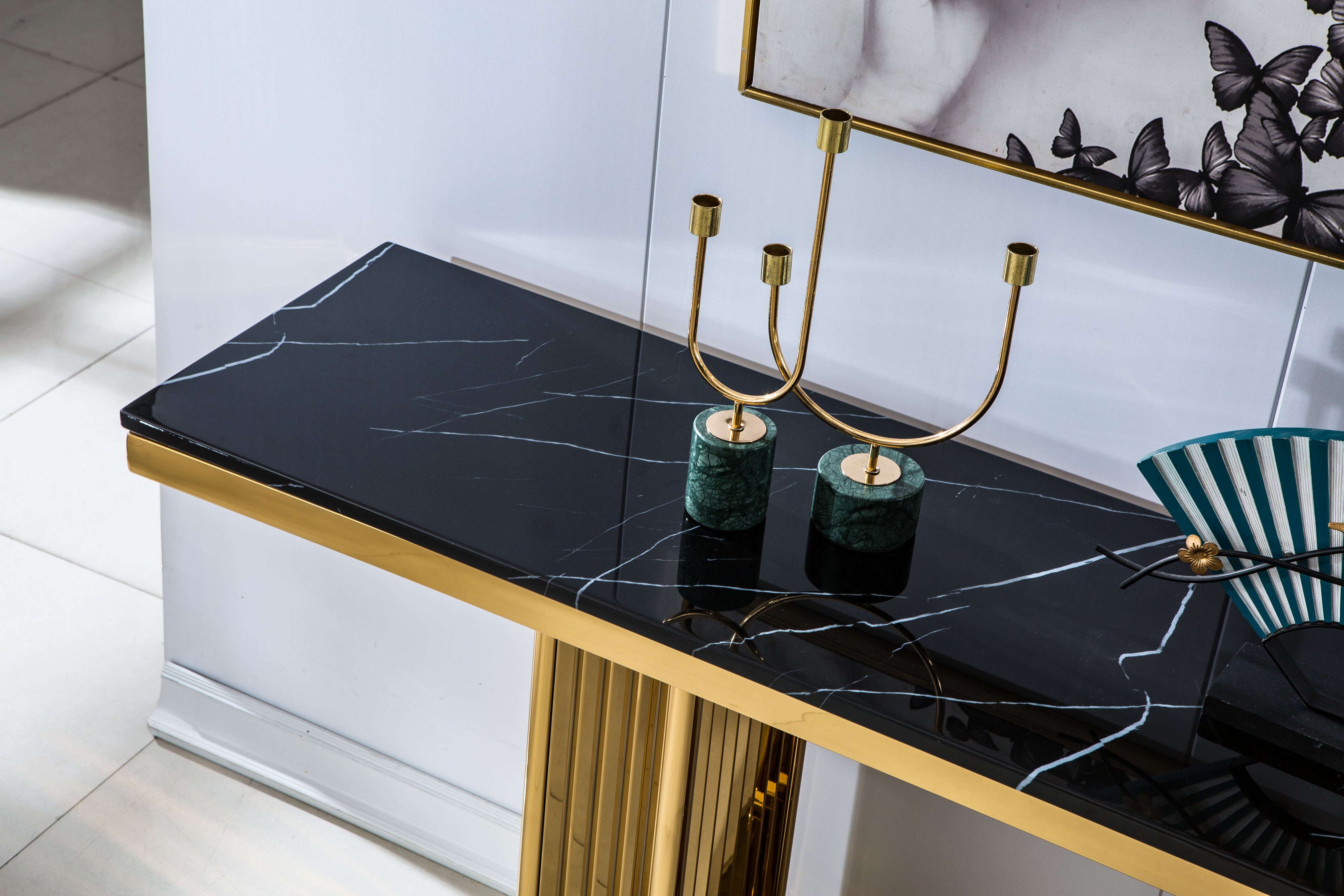 Solid Marble Console Table with Gold Finish Base