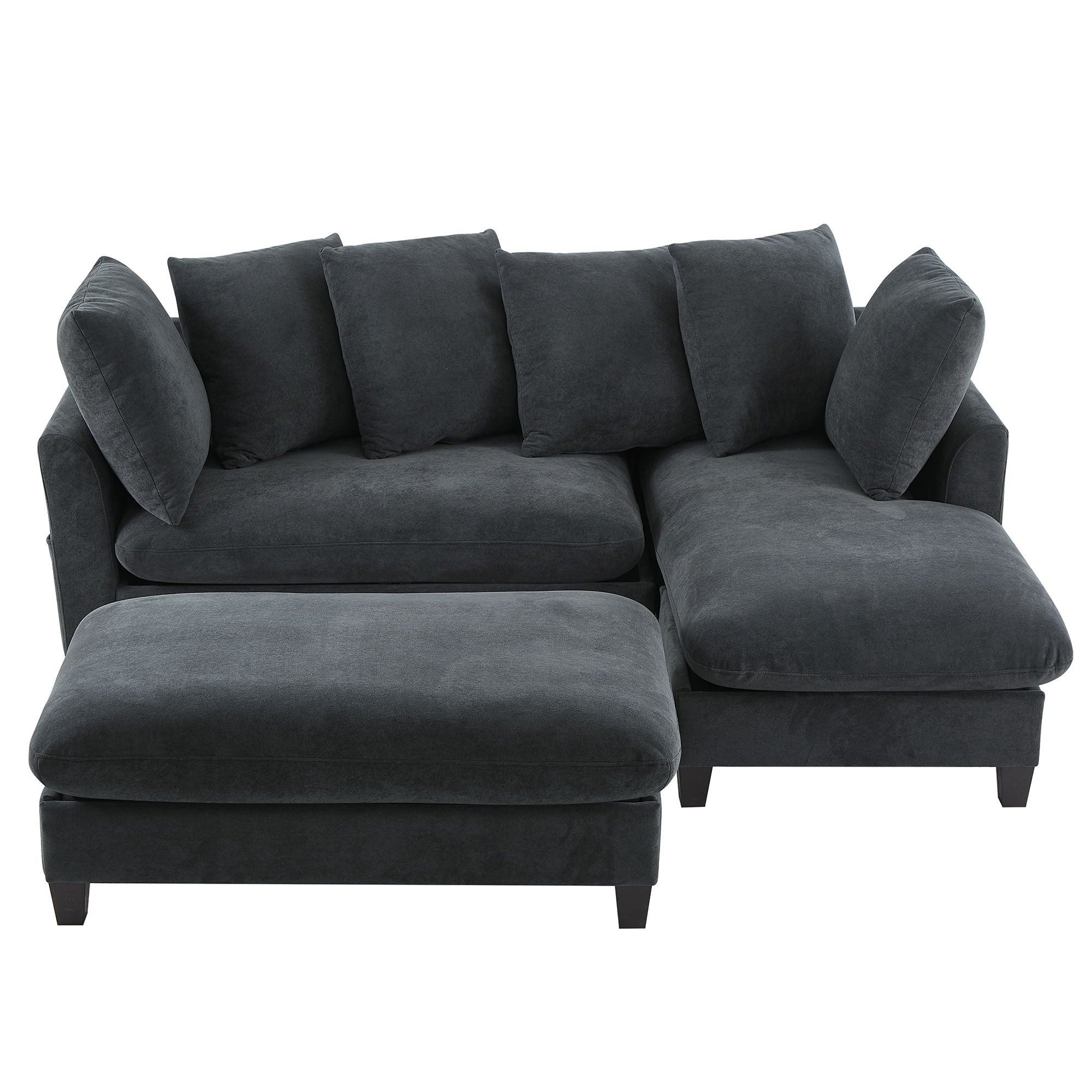Upholstered L Shaped Sectional Sofa With Storage, Movable Ottoman, And 6 Throw Pillows