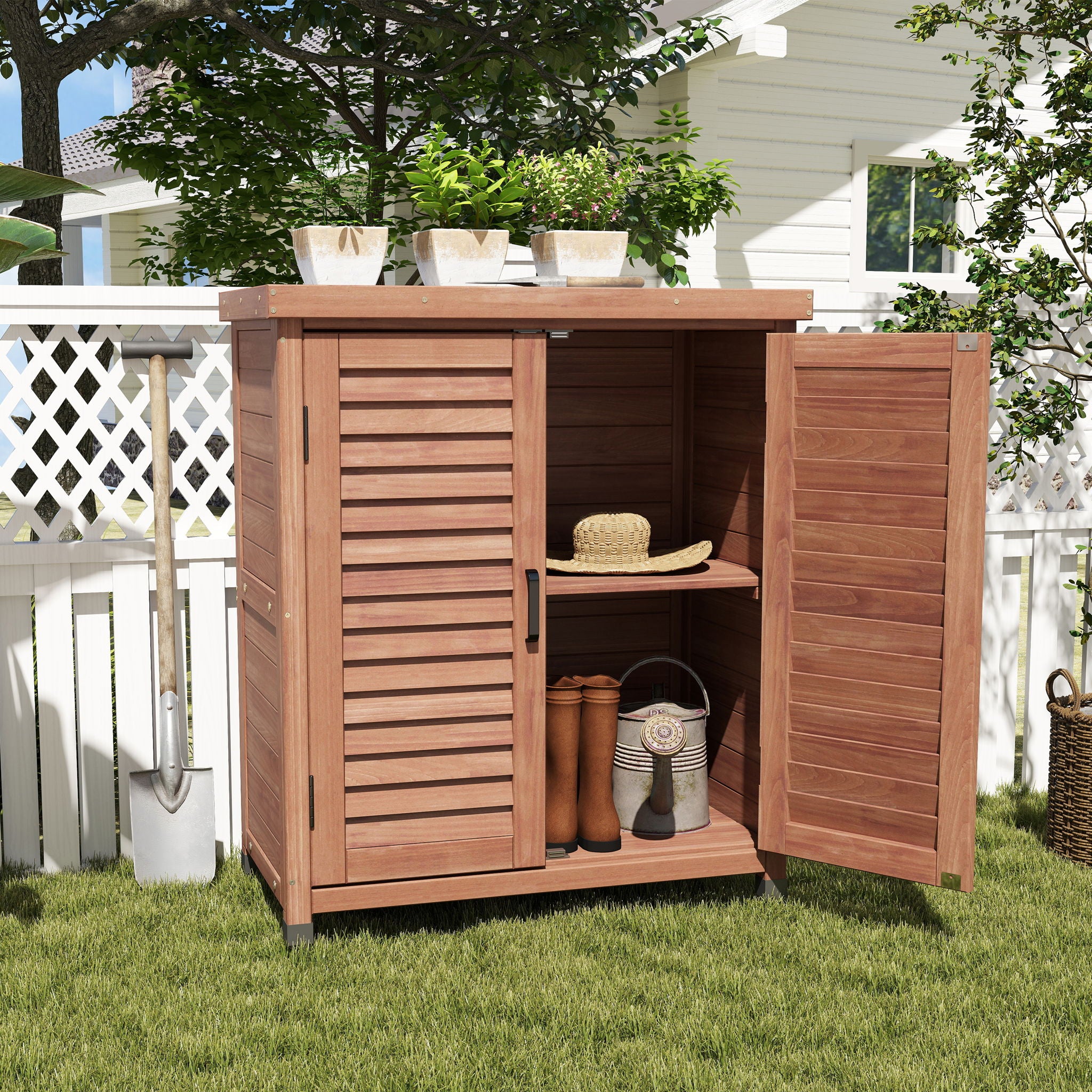Potting Bench With Storage Cabinet And Metal Table Top For Outdoor