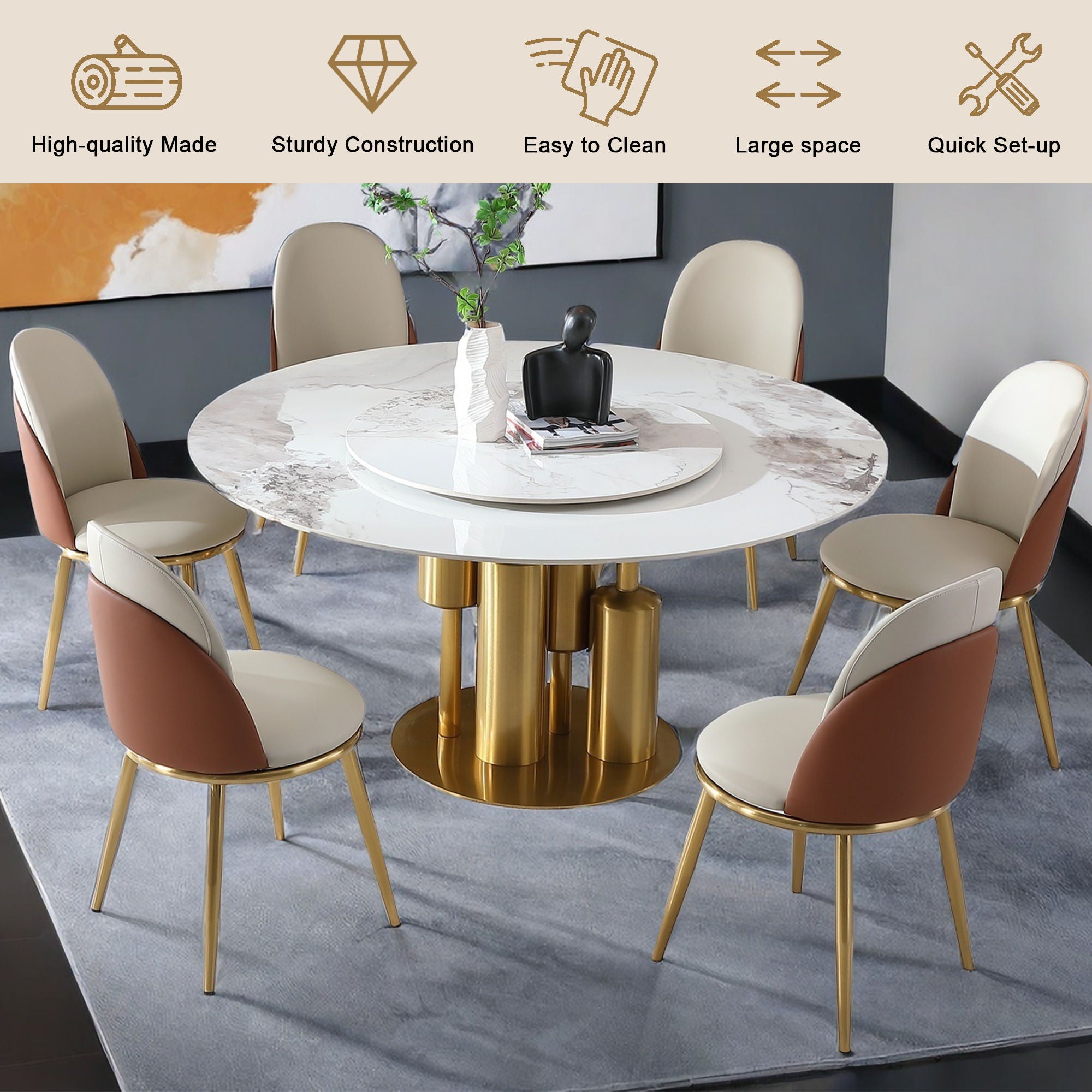 Round Stone Burning Table, Modern Marble Dining Table With Chairs