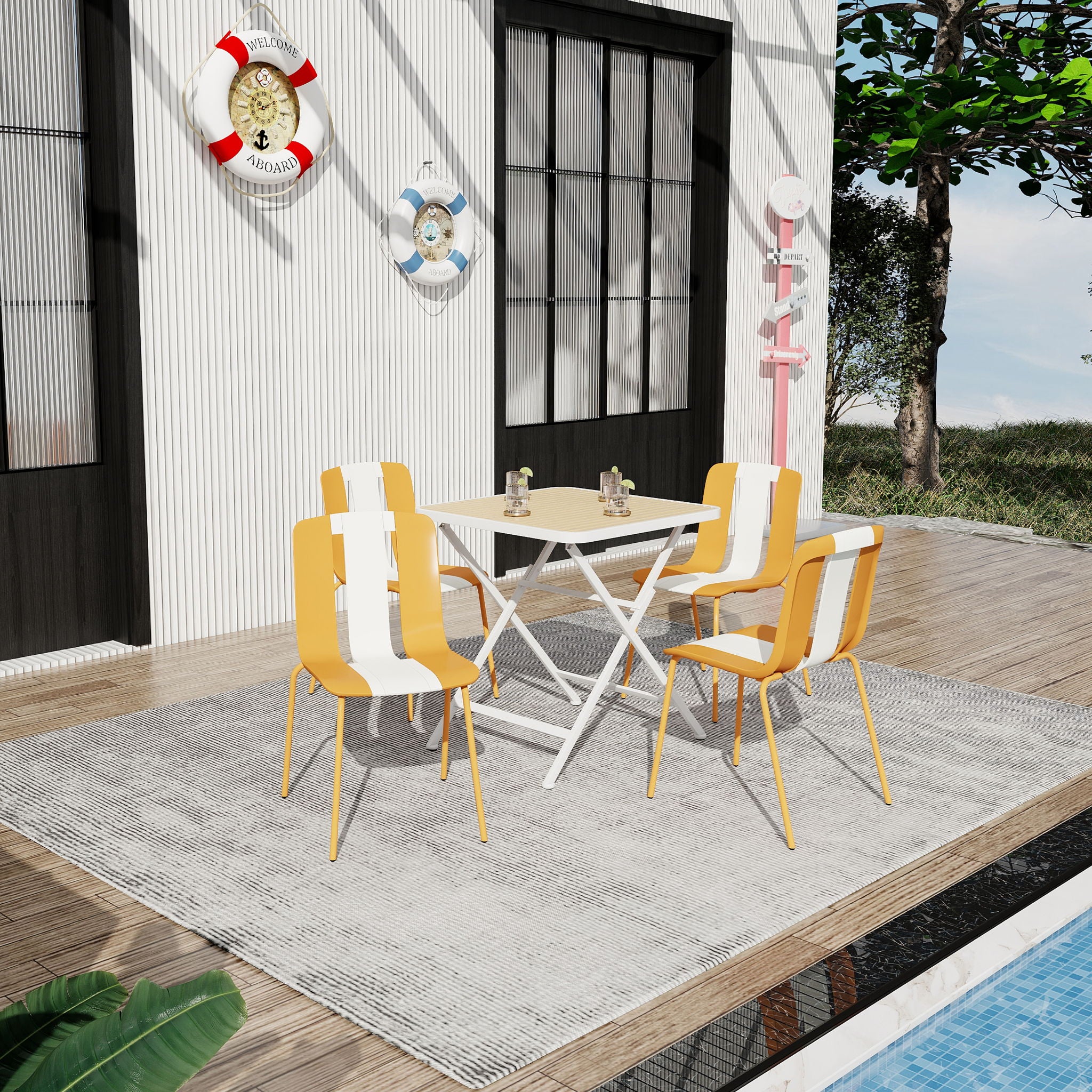 4 Piece Set Of Modern Striped Single Chairs With Folding Square Table