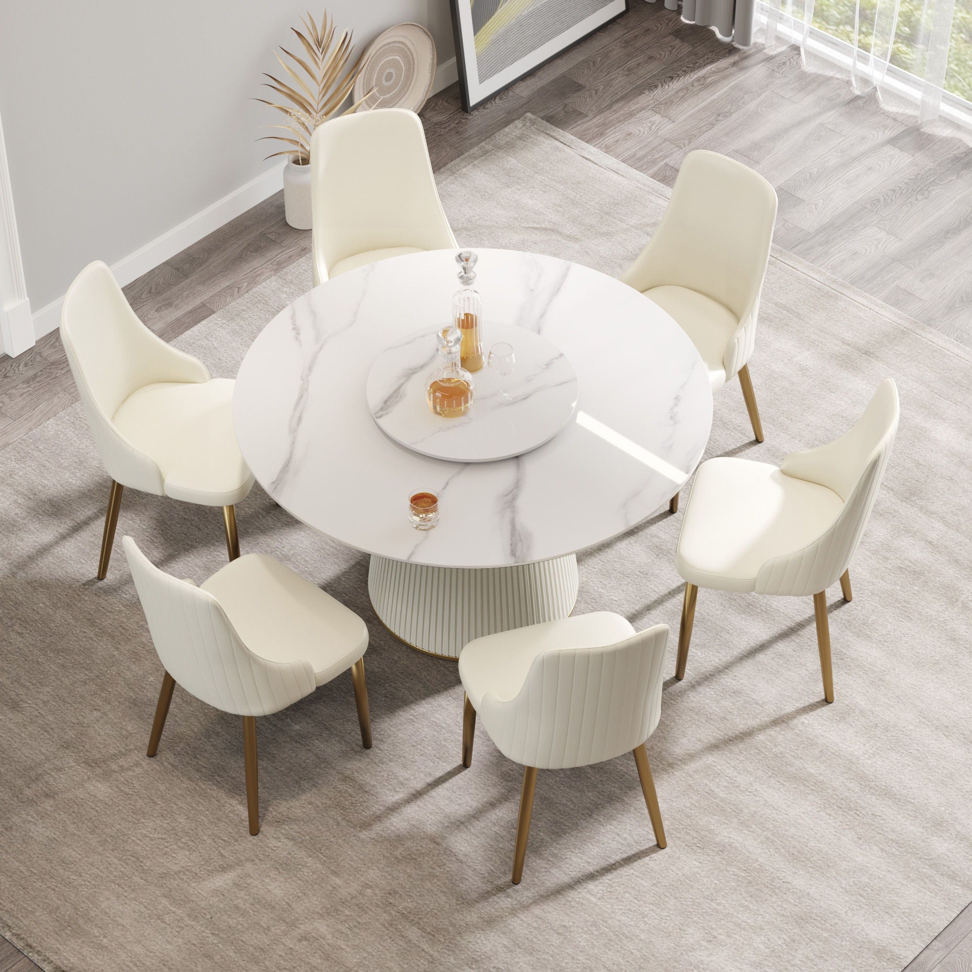 Modern Artificial Stone Round Plywood Base Dining Table, Can Accommodate 6 People, Artificial Stone Turntable (Not Including Chairs) - White / Beige
