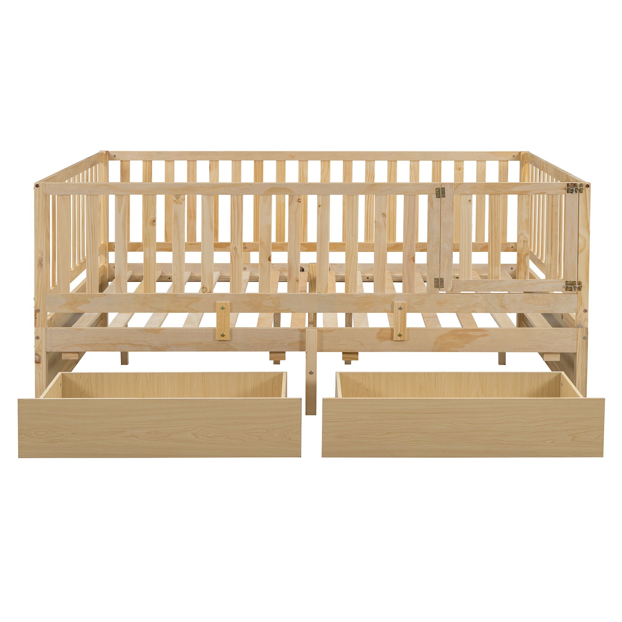 Daybed With Fence Guardrails And 2 Drawers, Split Into Independent Floor Bed & Daybed