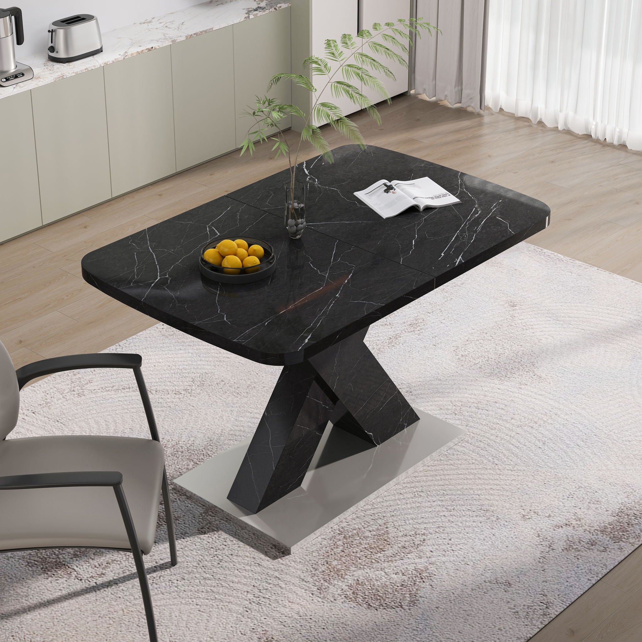 Modern Rectangle Dining Table With Stretchable TopAnd X Shape Legs