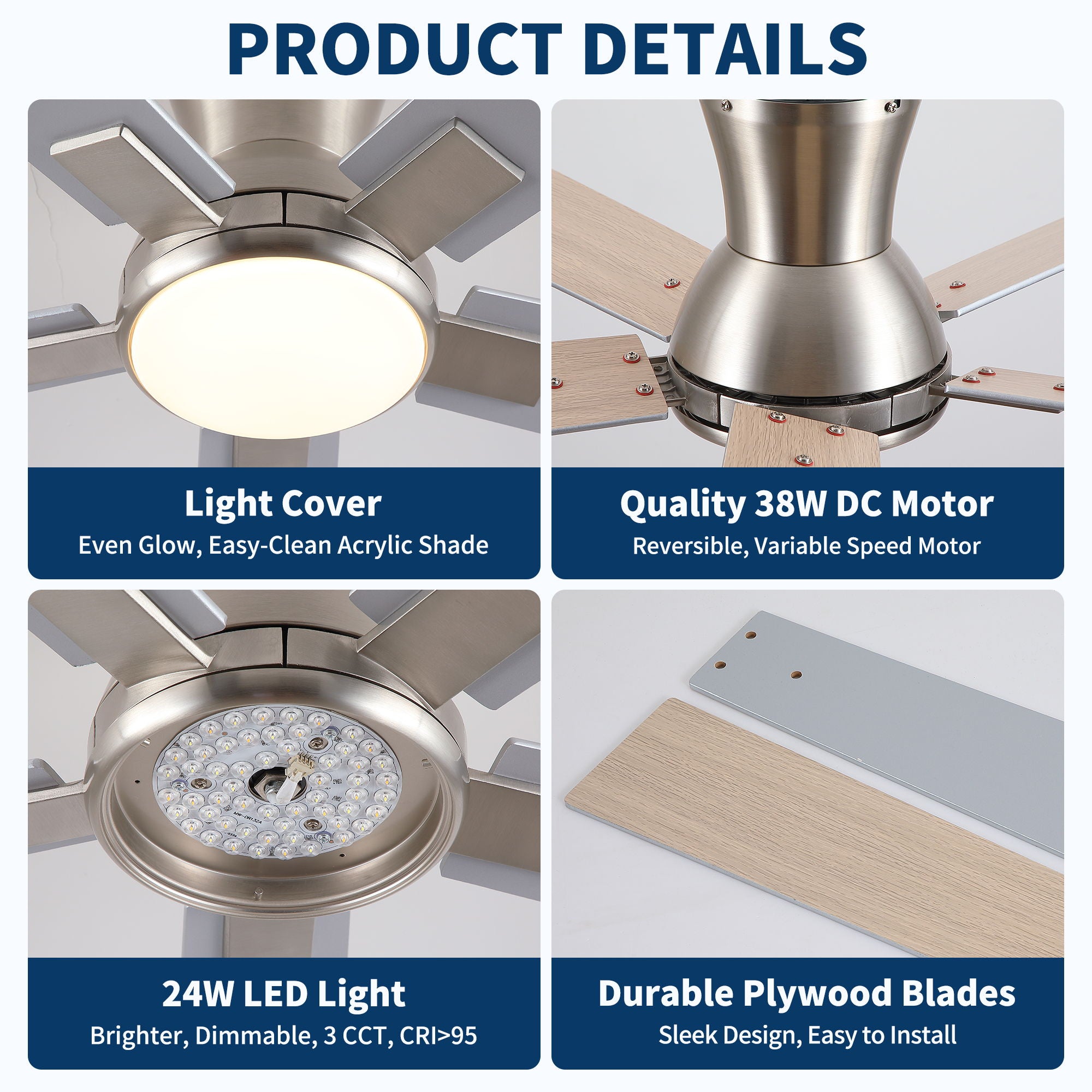 Reversible Quiet Motor Ceiling Fan Light With ABS Blades