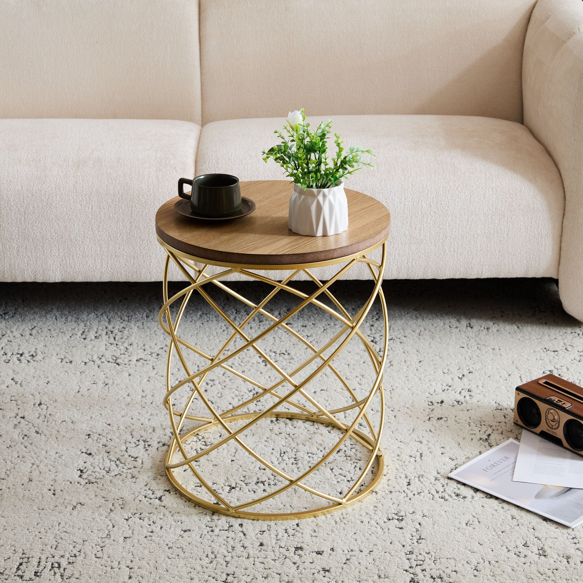 Contemporary Golden Side Table With Top And Metal Frame - Natural / Gold