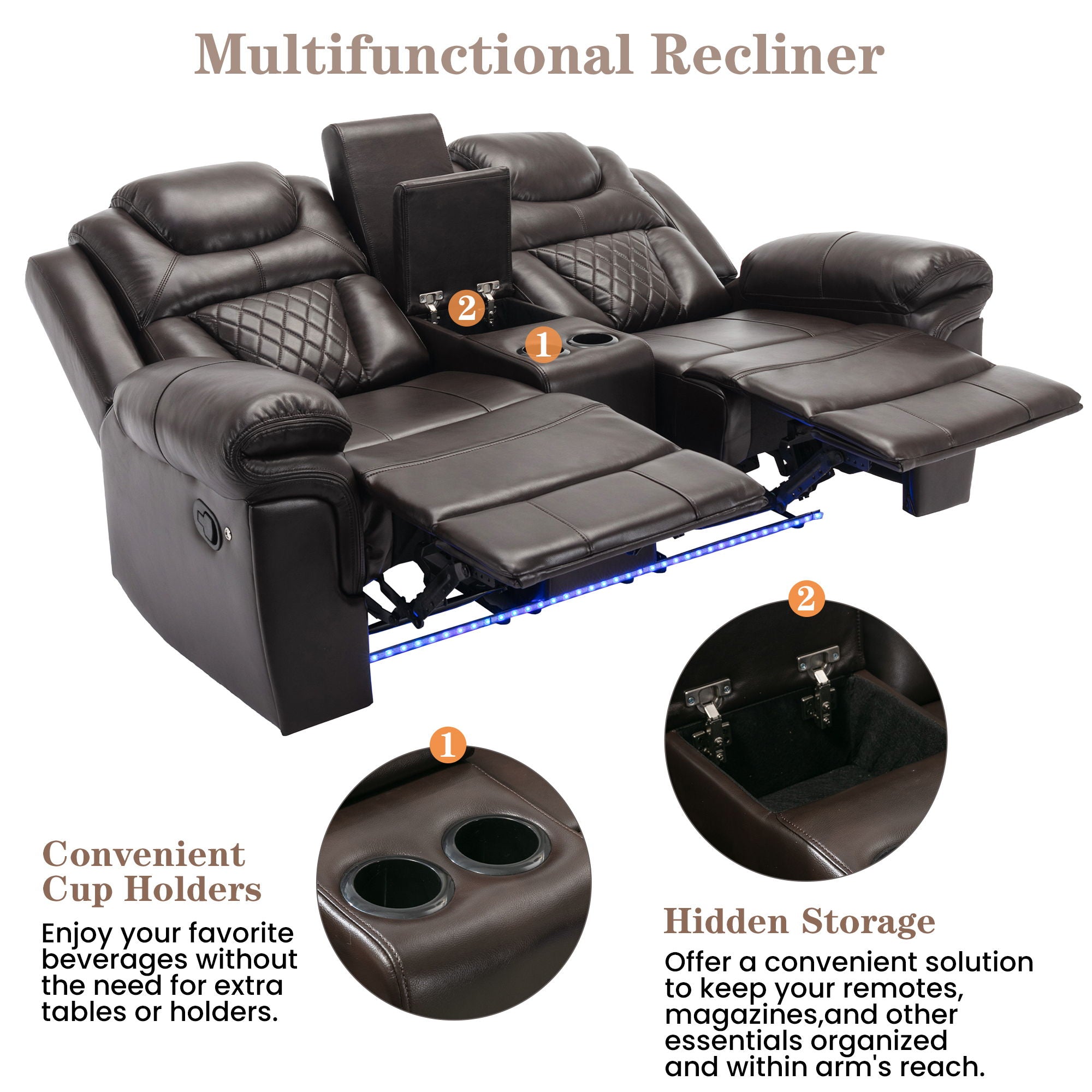 3 Pieces Recliner Sofa Sets Home Theater Seating Manual Recliner Chair With Center Console And LED Light Strip For Living Room