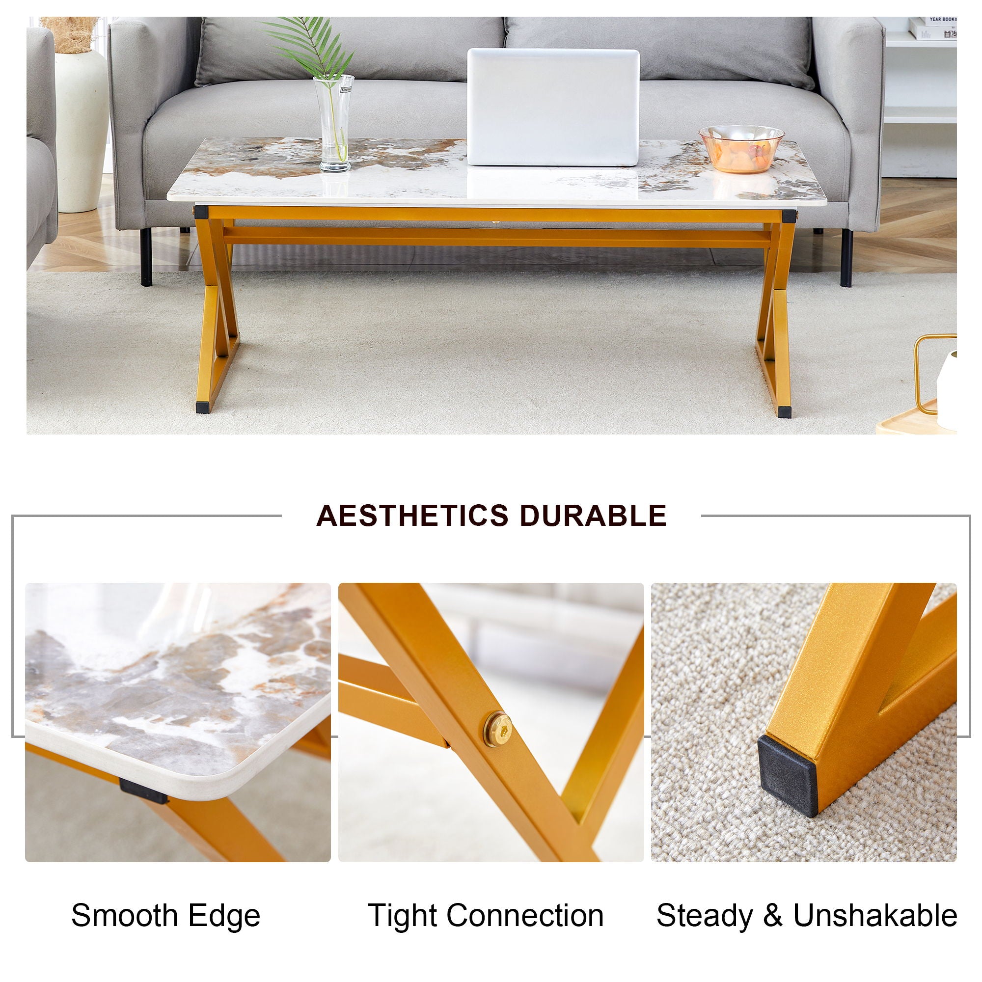 Coffee Table With A Natural And Smooth Marble Pattern On The Surface - Gold