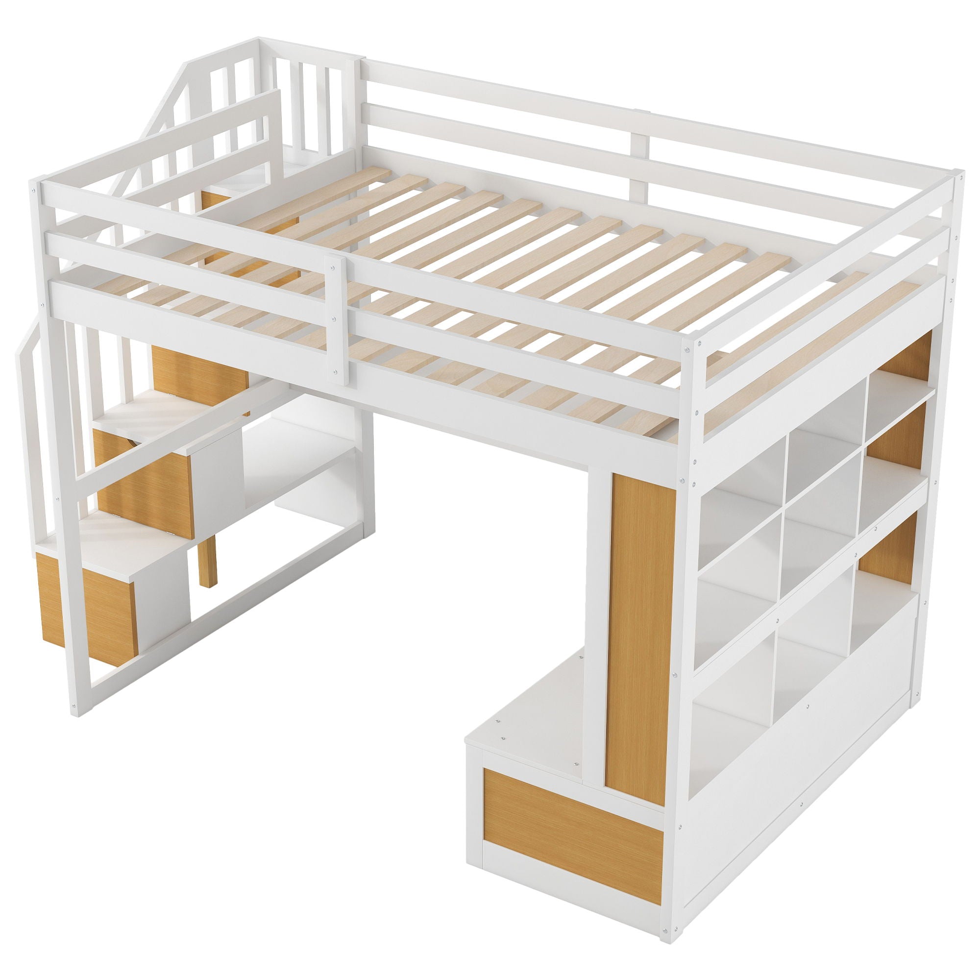 Full Size Loft Bed With Desk And Shelves, 2 Built In Drawers, Storage Staircase - Natural / White