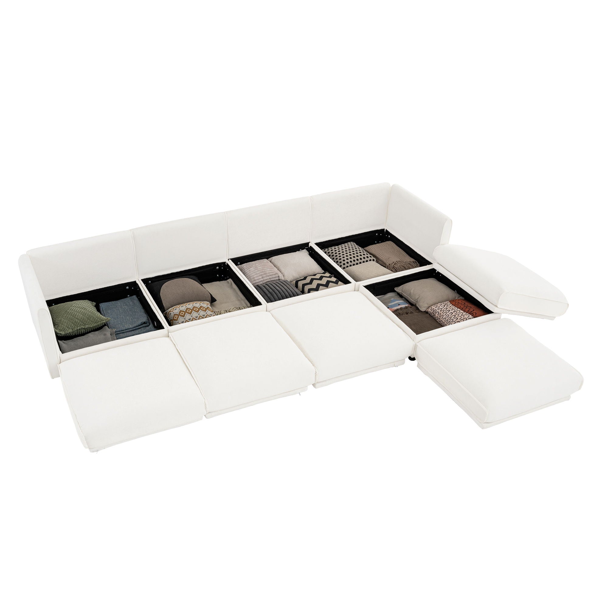 Contemporary Elegant White Chenille Sofa With Storage And Ottoman