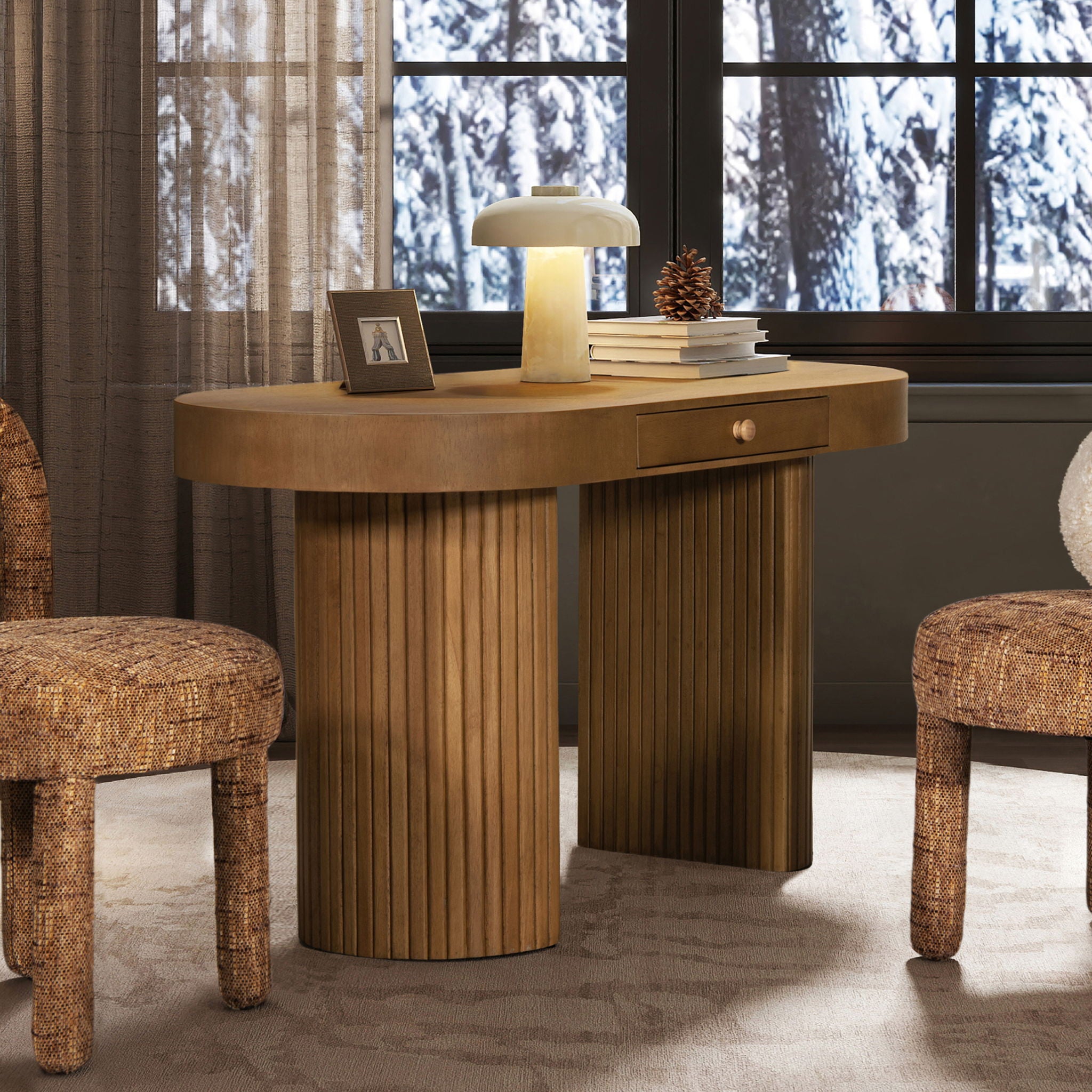 Jesse - Single Drawer Fluted Oval Console Desk - Honey Brown