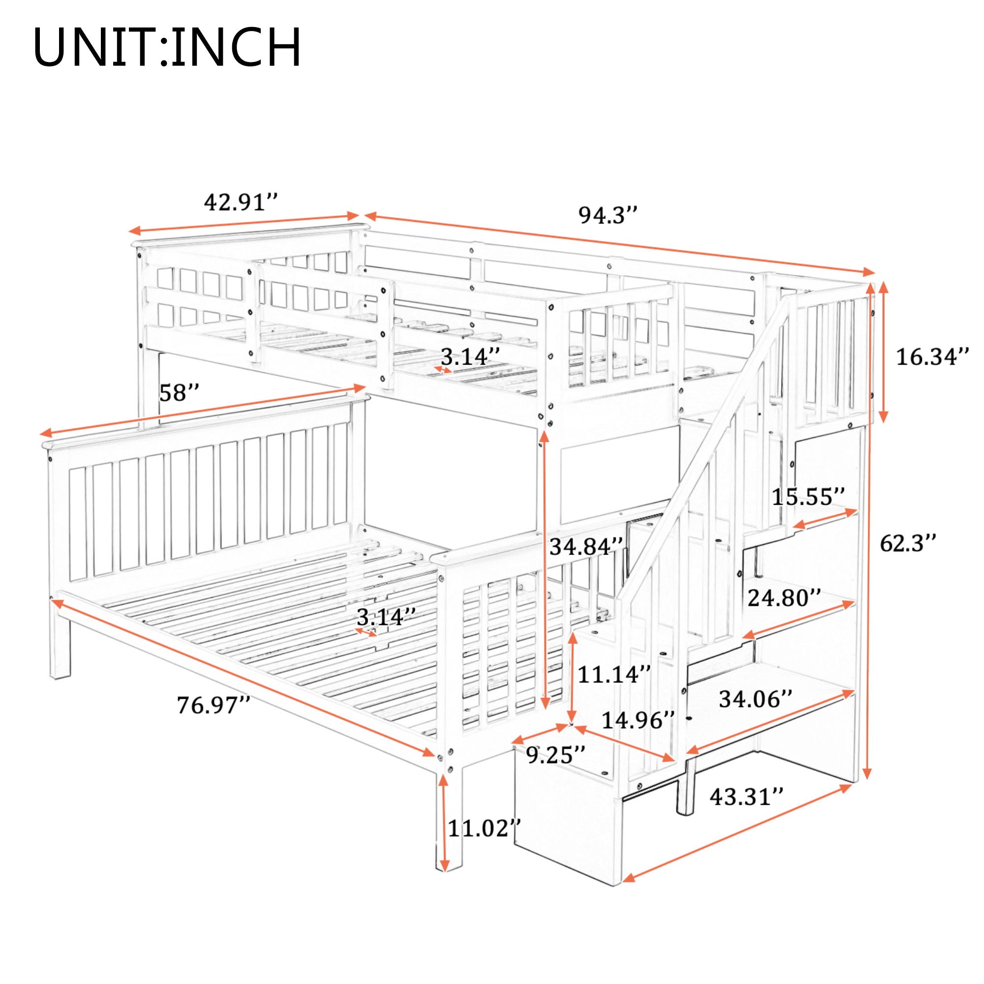 Stairway Bunk Bed With Storage And Guard Rail For Bedroom