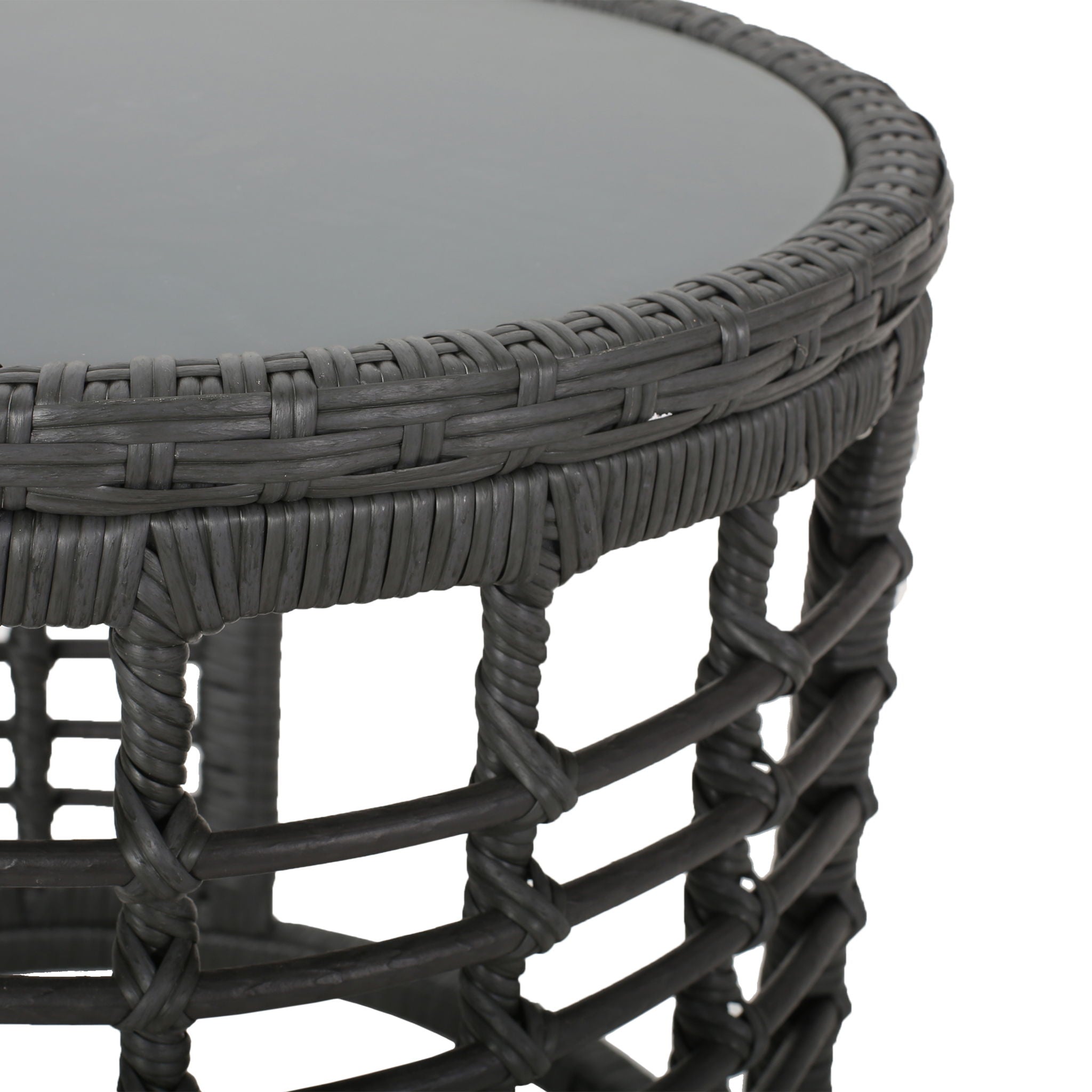 Achill - Outdoor Modern Boho Wicker Side Table With Glass Top - Gray