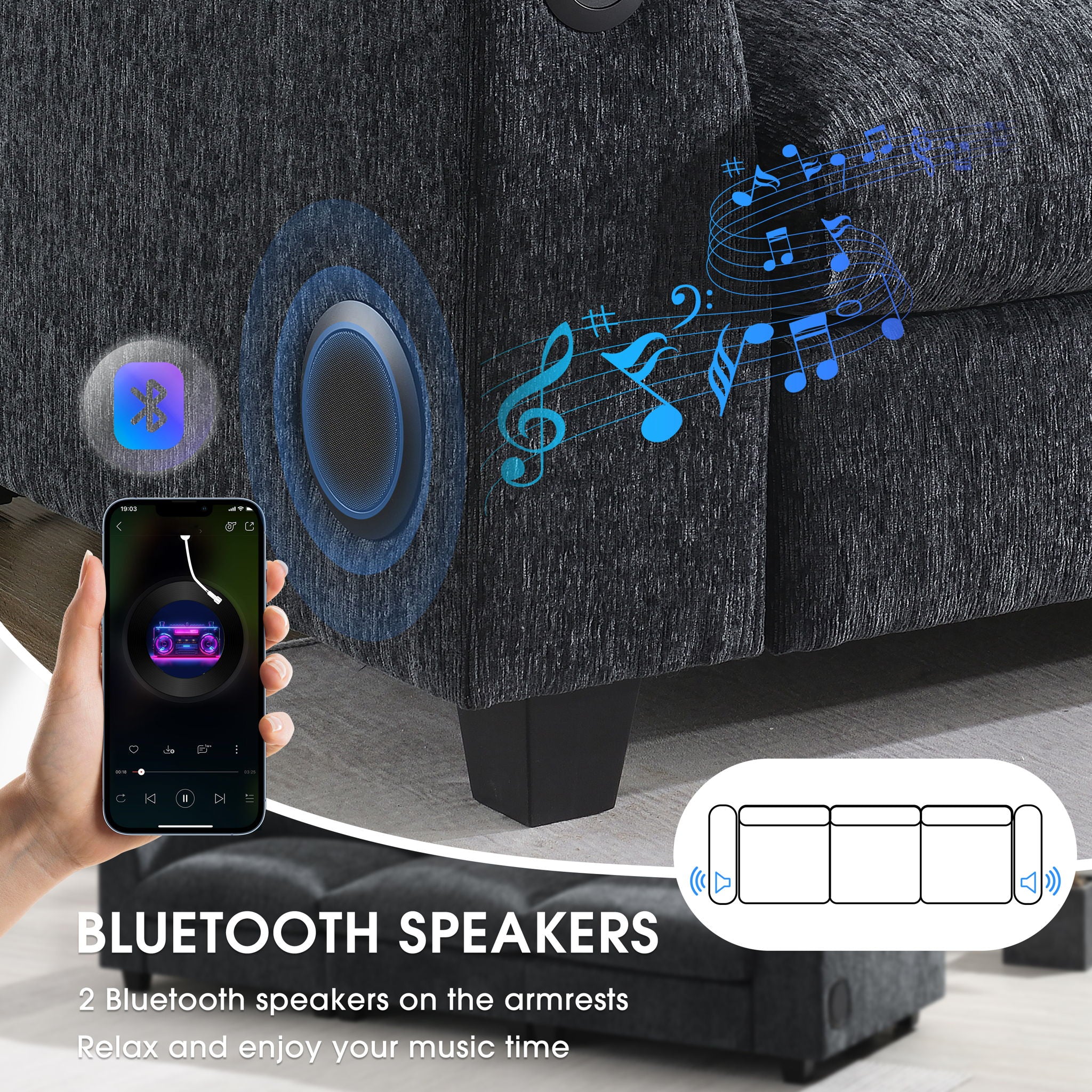 Sectional With Bluetooth Speaker Comfy Cloud Couch Set With Drop Down Table Cup Holders, USB Charger Storage Armrest Wide Seat Sofa