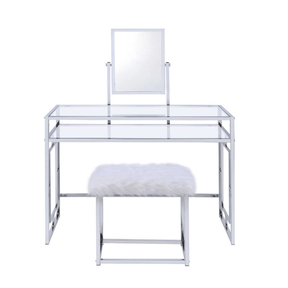ACME Carenze II - Vanity Desk - White Faux Fur & Chrome | Meri Furniture