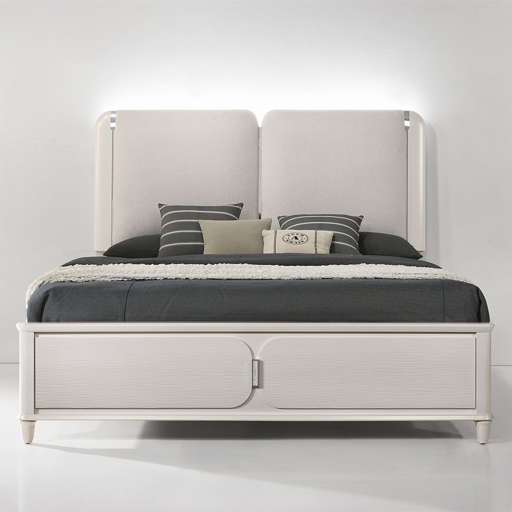 ACME Laveda - Eastern King Bed With LED - Light Gray Boucle & Pearl White Finish | Meri Furniture