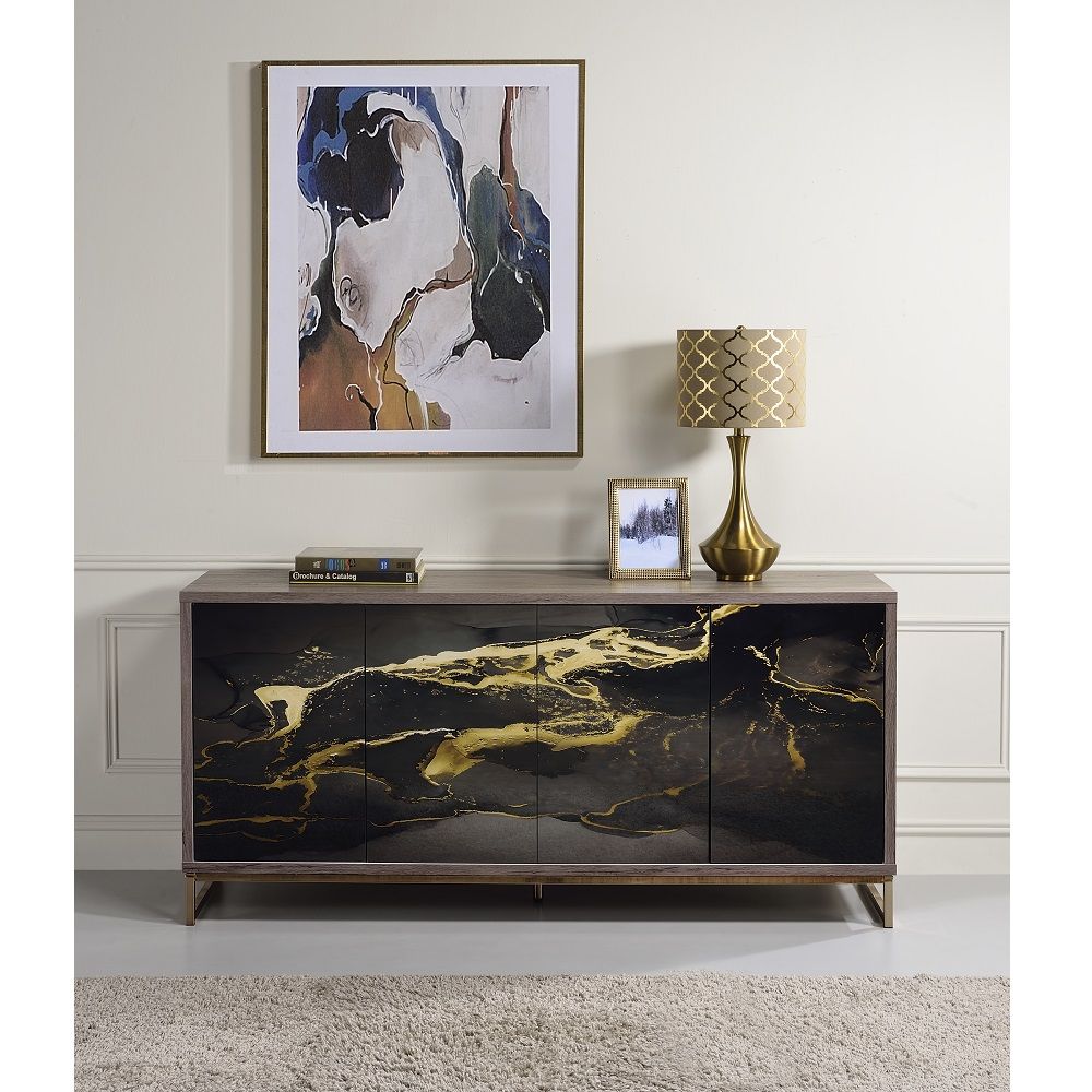 ACME Payo - Console Cabinet - Black Marble Print Oak Champagne | Meri Furniture