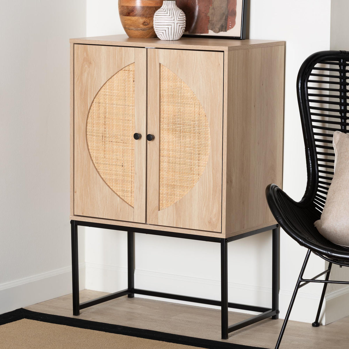 Ardon Bohemian Light Brown Finished Wood and Black Metal 2-Door Storage Cabinet with Natural Rattan