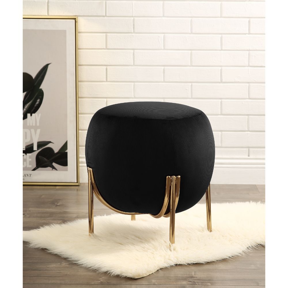 Assembled, Backless Round Ottoman (NO Storage) • Fully Padded Seat: Corduroy • Armless • Wooden Inner Frame • Metal Straight Leg