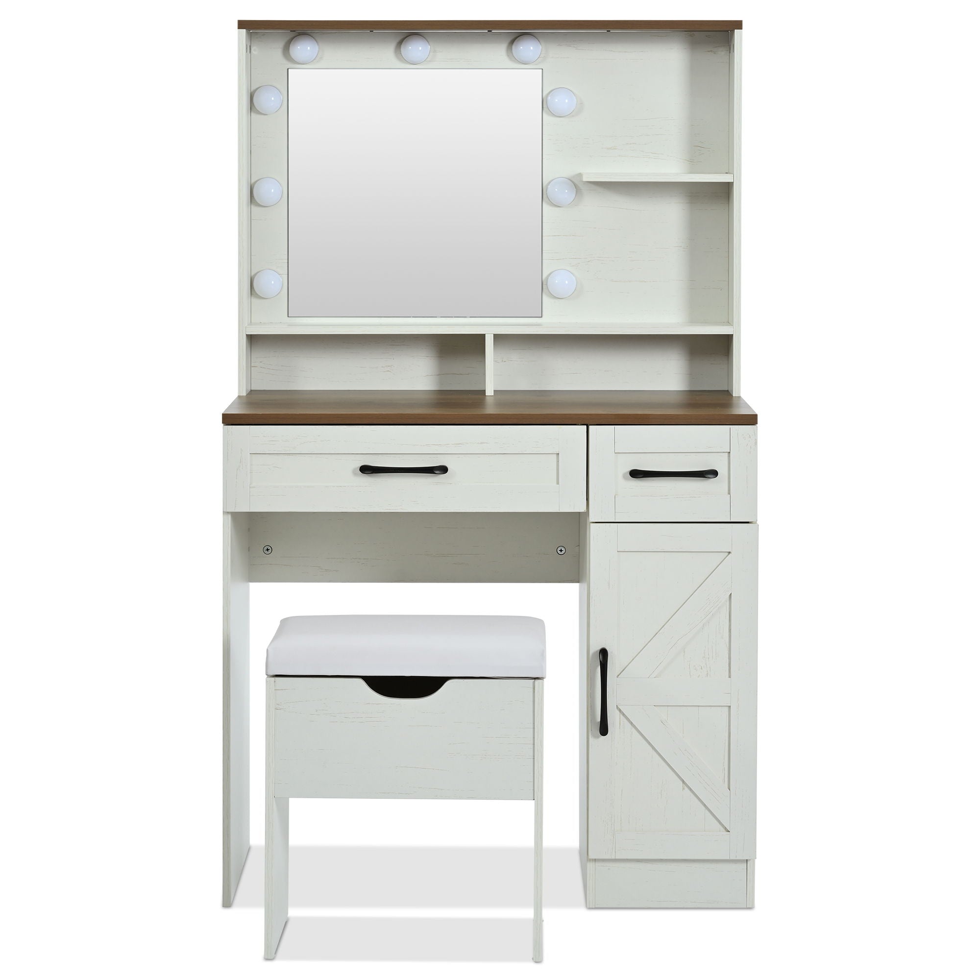Farmhouse Makeup Vanity Desk With Mirror And Lights, 3 Lighting Modes, Vanity Set With Stool, Dressing Table With Adjustable Shelves, 2 Drawers And Side Cabinet For Bedroom - White
