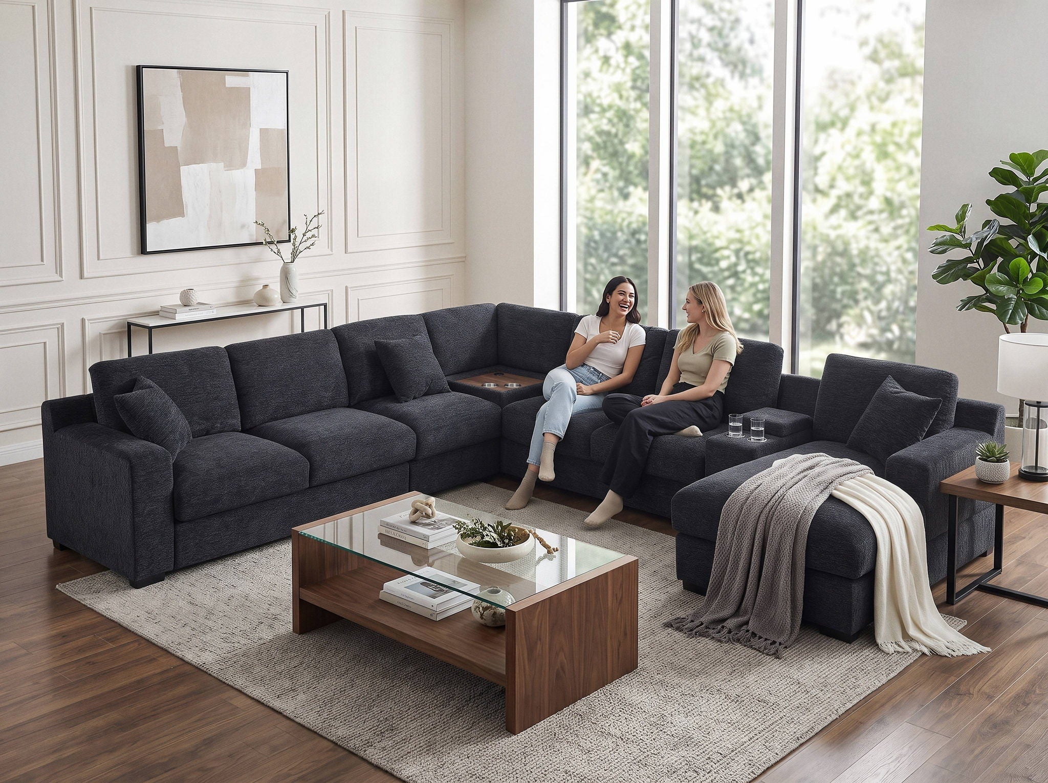 Celine - Fabric Corner Sectional Sofa With Right-Facing Chaise, Cupholders, And Charging Ports