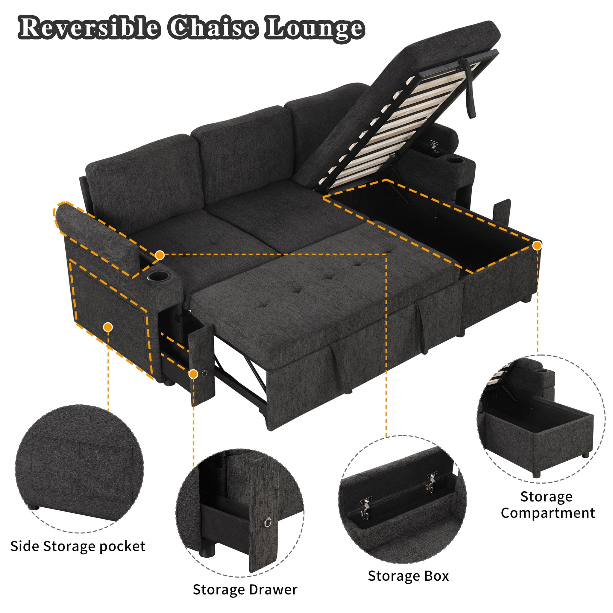 Convertible L Shaped Sofa Couch With Storage, Cup Holders, USB Ports