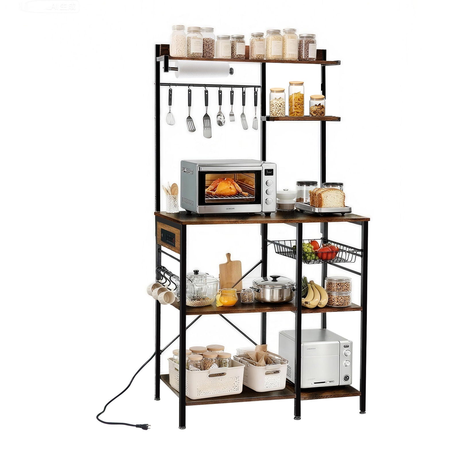 Bakers Rack With Power Outlet, Coffee Bar With S-Shaped Hooks, Kitchen Shelf With Wire Basket - Black / Brown