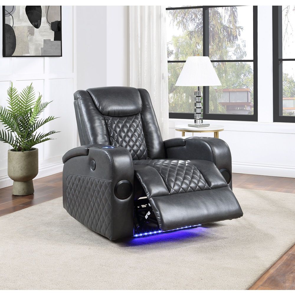 ACME Seat Construction: Pocket Coil Tight Seat & Back Cushion LED Light Included 2 Bluetooth Speaker Cooling Cup Holder Wireless Charger Included Storage Arm | Meri Furniture