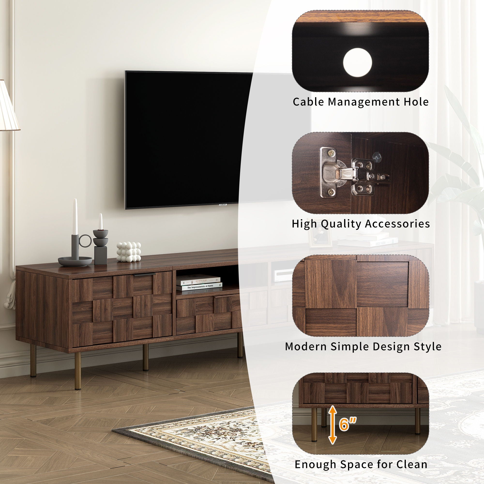 Mid Century TV Stand With 2 Drawers, Media Console Table For Tvs Up To 85'', Entertainment Center With Storage For Living Room - Dark Brown