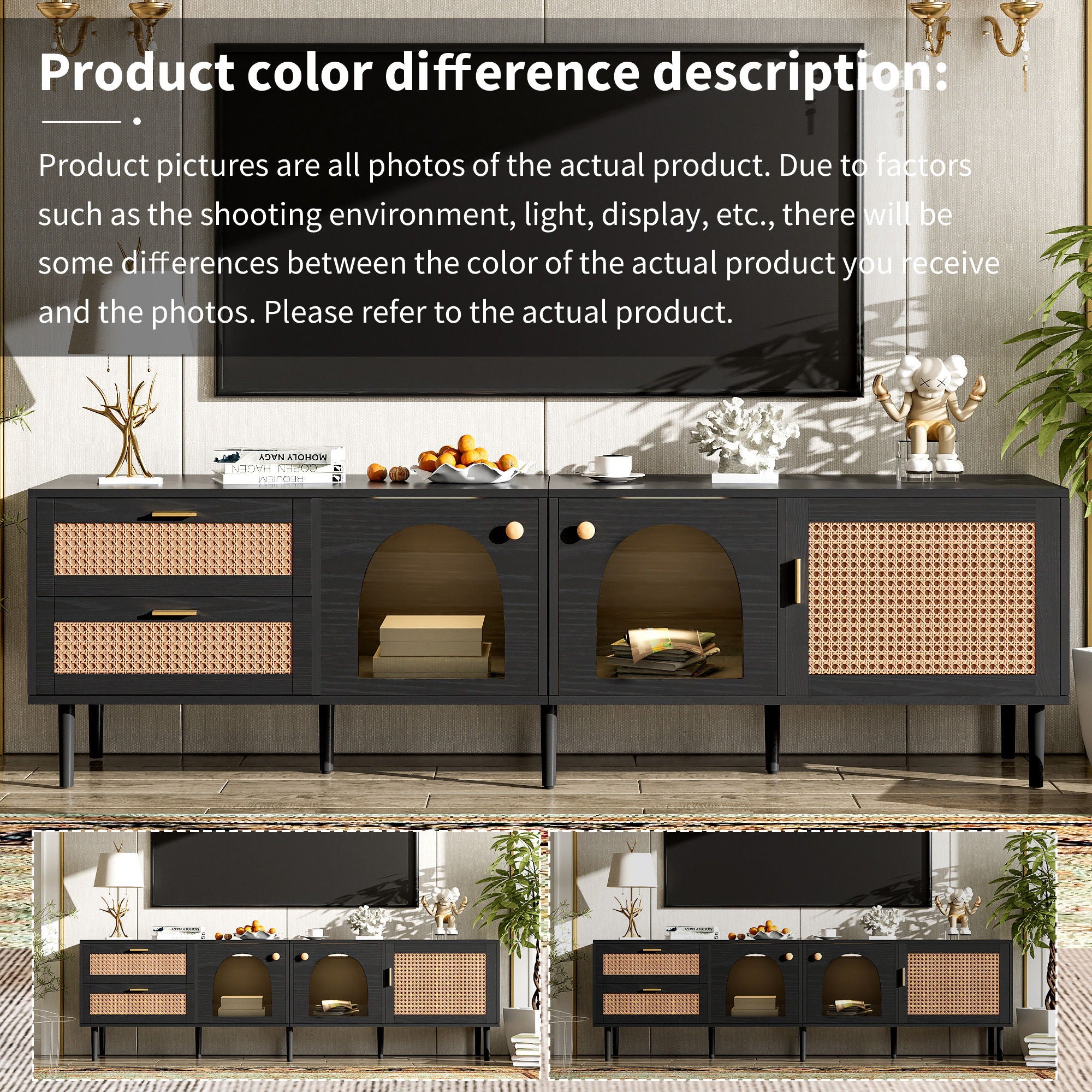Rattan TV Stand With 3 Cabinets & 2 Drawers, Rattan-Inspired Media Console Table For Tvs Up To 80'', LED Light Entertainment Center, TV Cabinet For Living Room - Black