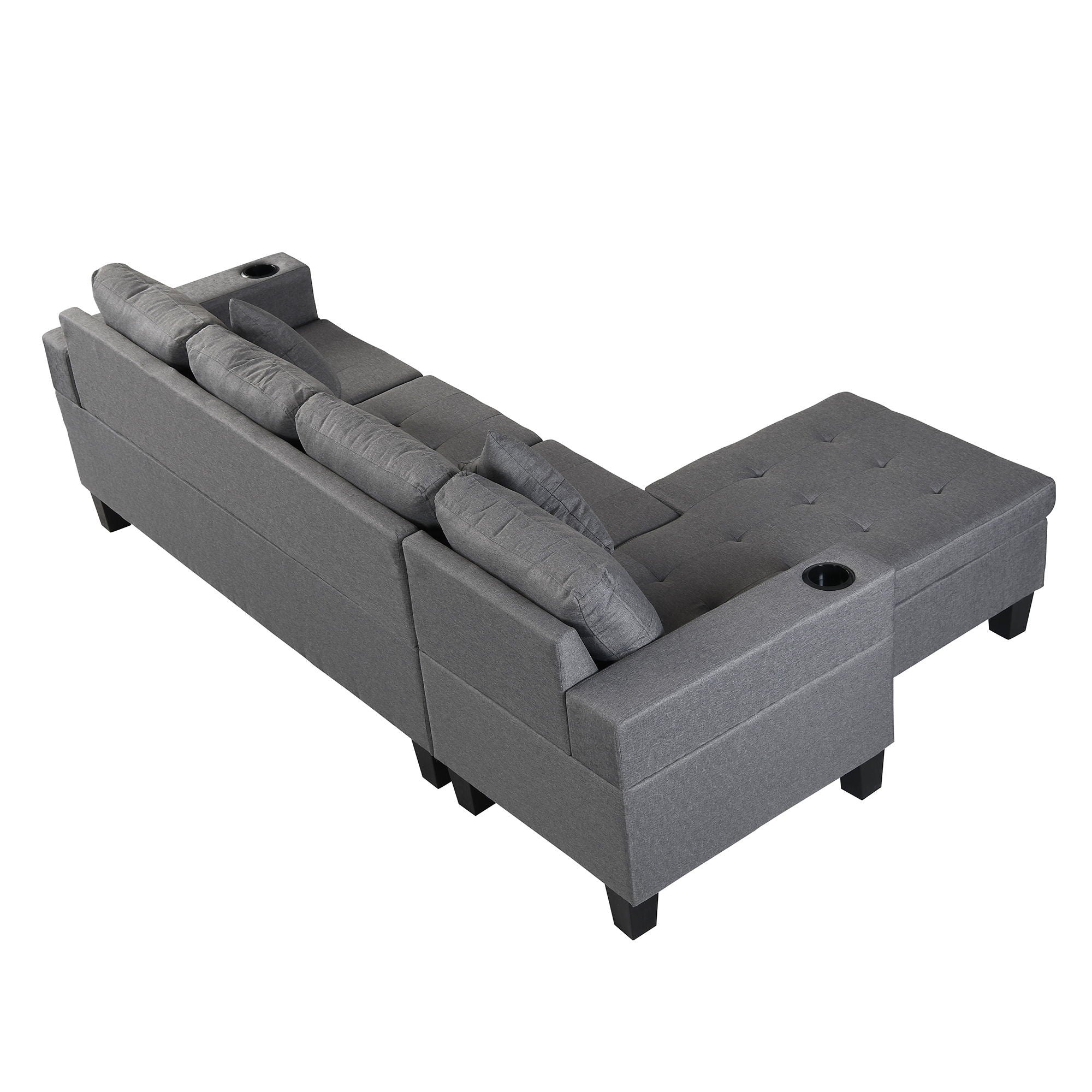 Modern Sectional Sofa Set With L Shape Chaise Lounge, Cup Holder, 4 Seat - Gray