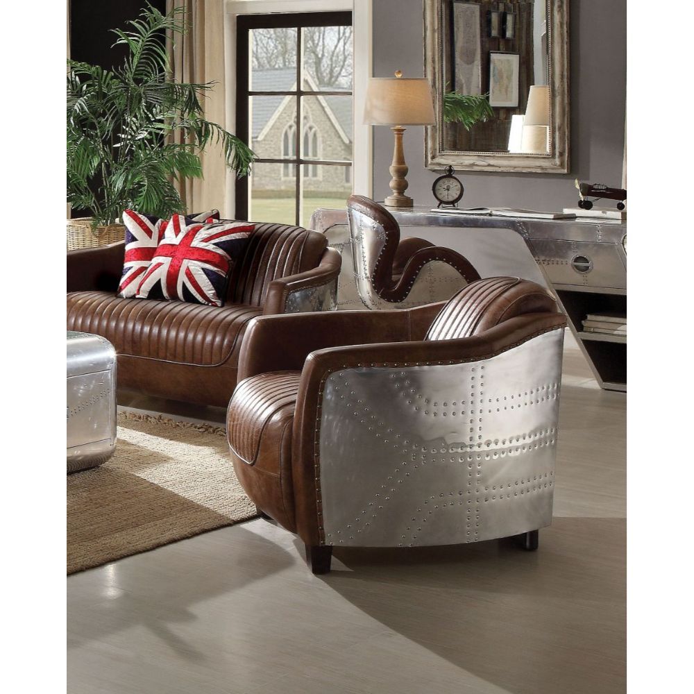 ACME Brancaster - Chair - Retro Brown Top Grain Leather & Aluminum | Meri Furniture