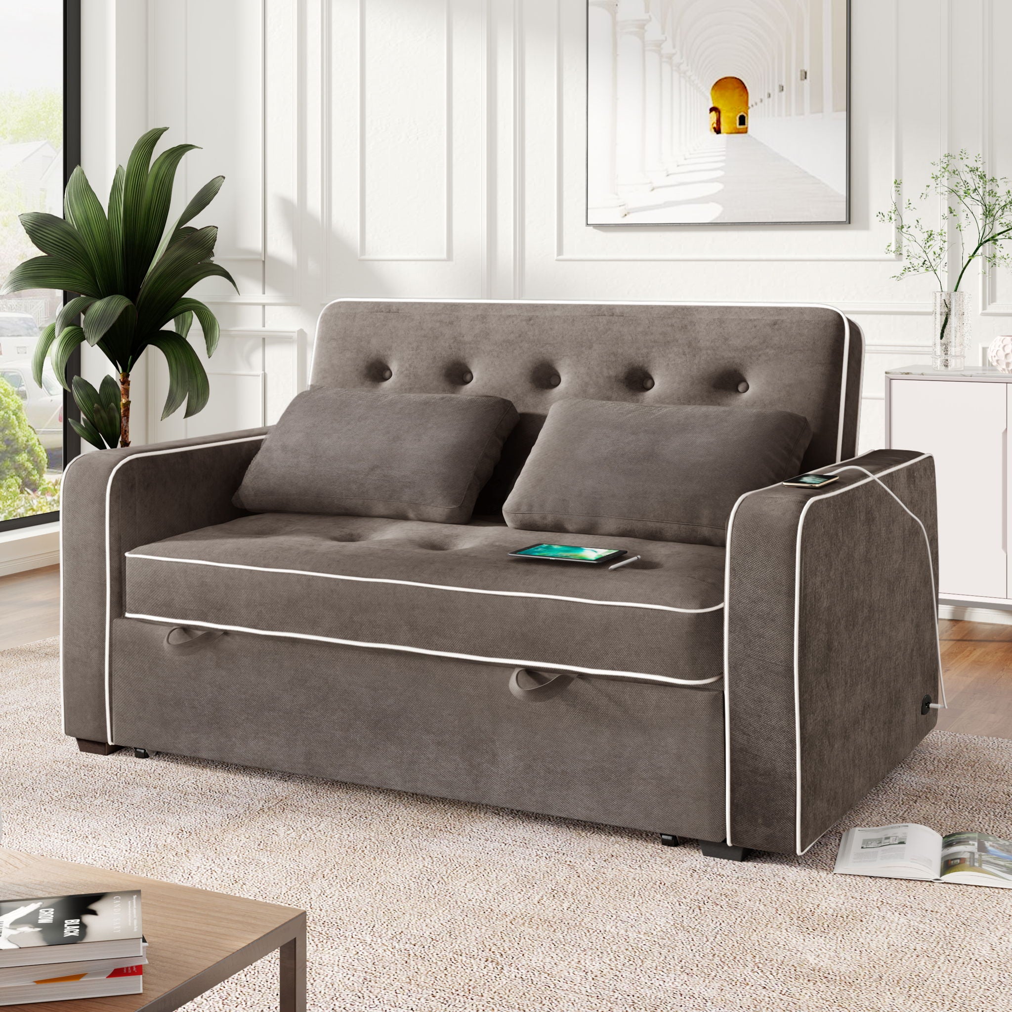 Upholstered Sleeper Bed Sofa With Dual USB Charging, Adjustable Backrest