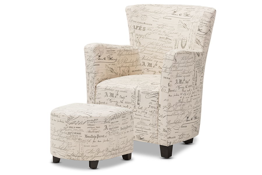 Benson French Script Patterned Fabric Club Chair and Ottoman Set
