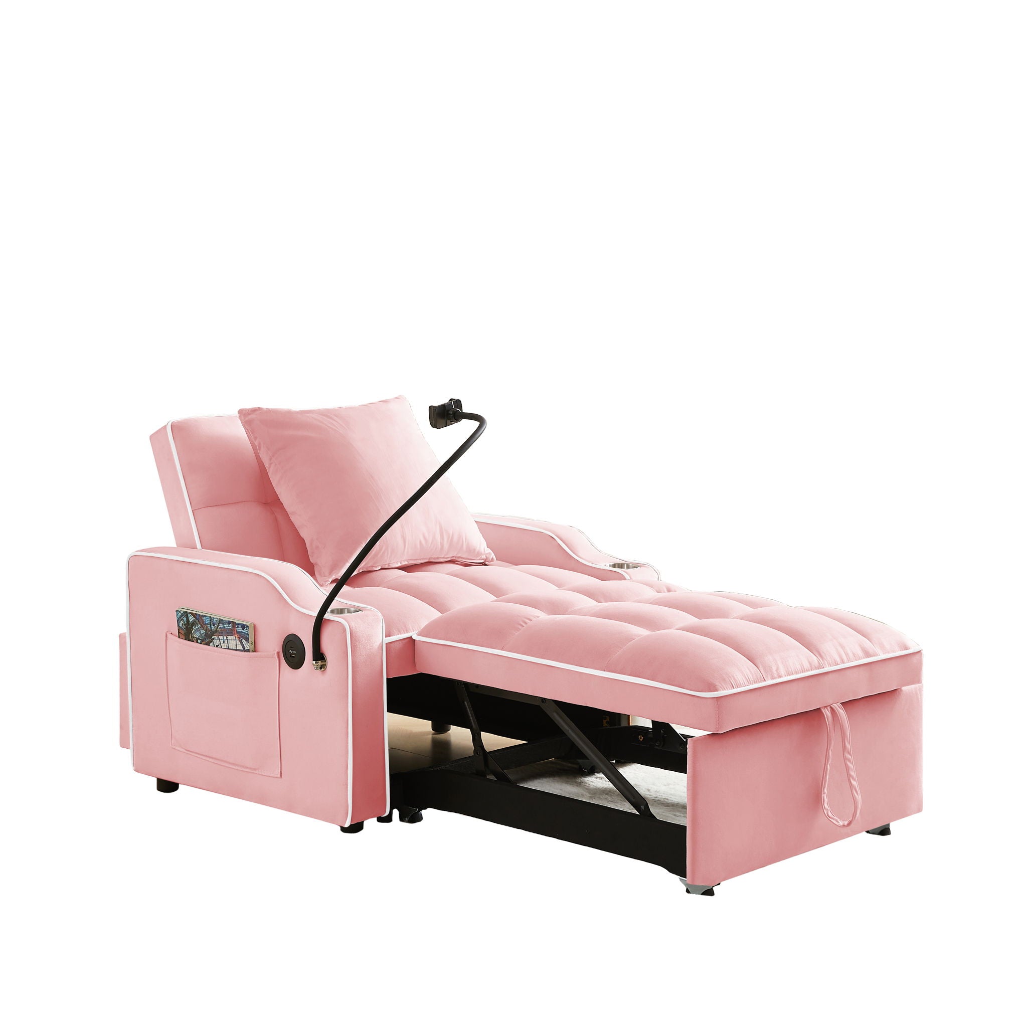 Convertible Velvet 3 In 1 Sofa Bed With Adjustable Sleeper Chair And Multi Pockets
