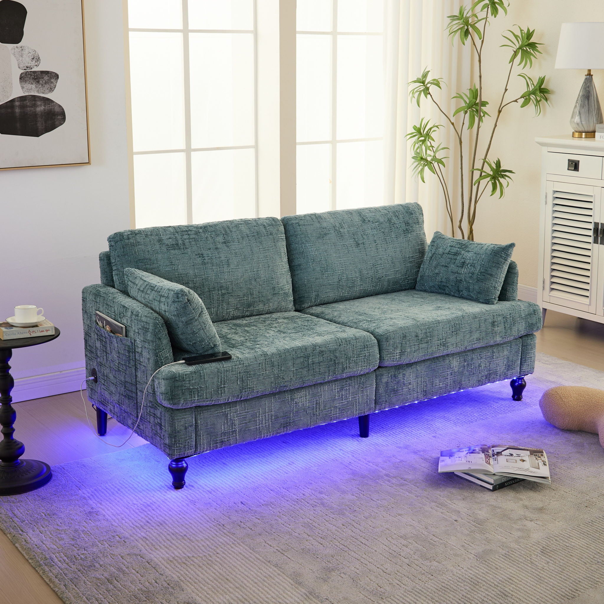 Chenille 2 Seater Sofa With LED Light, USB Charging Port, And Storage Bag