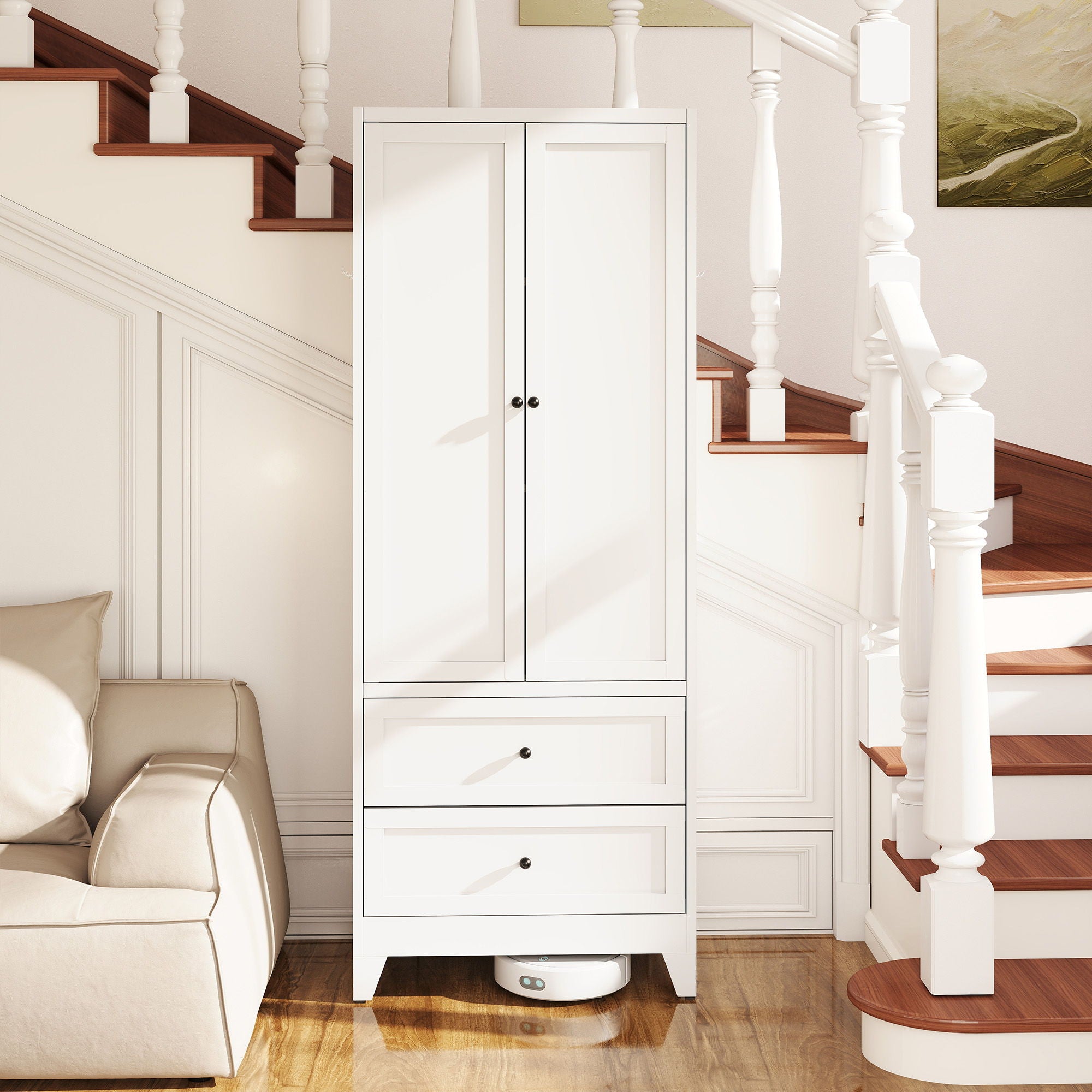 Pantry Cabinet With 2 Drawers, Adjustable Shelves, Freestanding Kitchen Storage Organizer - White