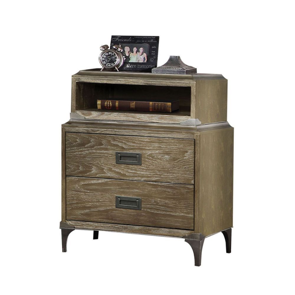 The Athouman nightstand is durably designed and features a versatile finish. Its features two drawers and an open shelf that's perfect for stowing bedroom essentials. A built-in power dock offers an added convenience.