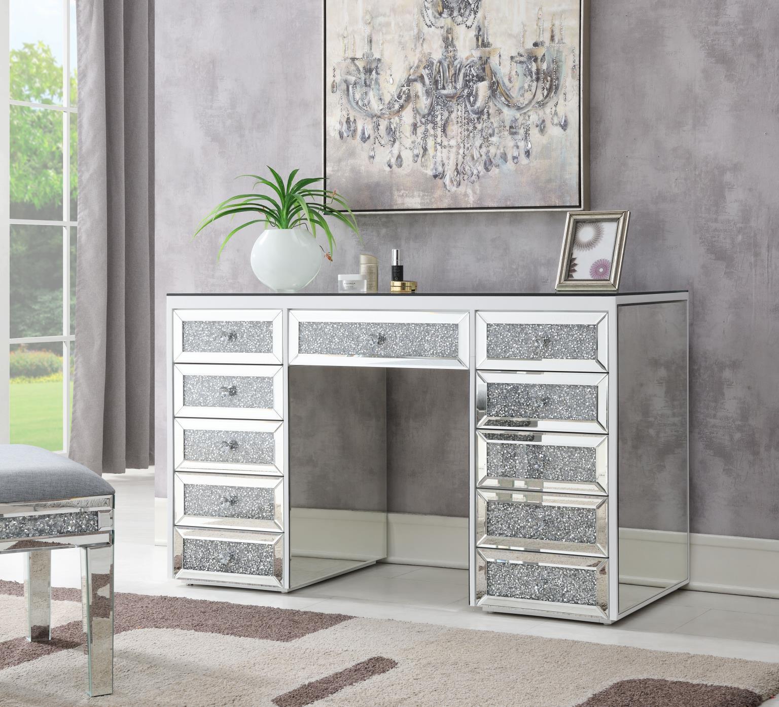 G-310 - Glamour Vanity Set (MDF Dresser + Mirror Bluetooth Speaker With Lights) - Pearl Silver