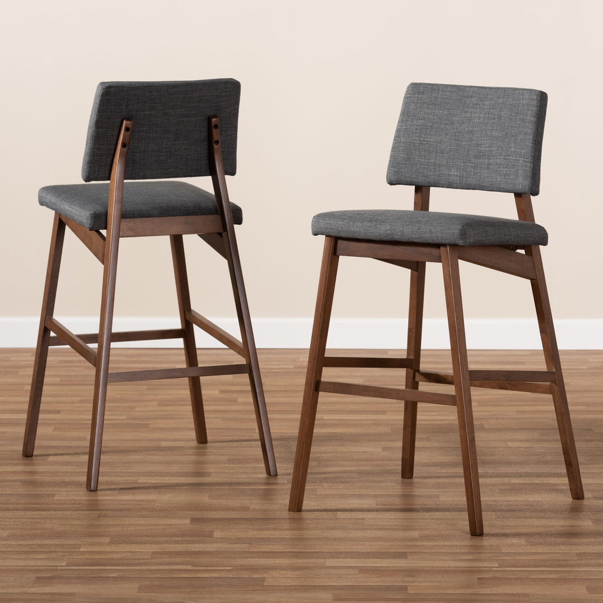 Colton Mid-Century Modern Dark Gray Fabric Upholstered and Walnut-Finished Wood Bar Stool Set of 2