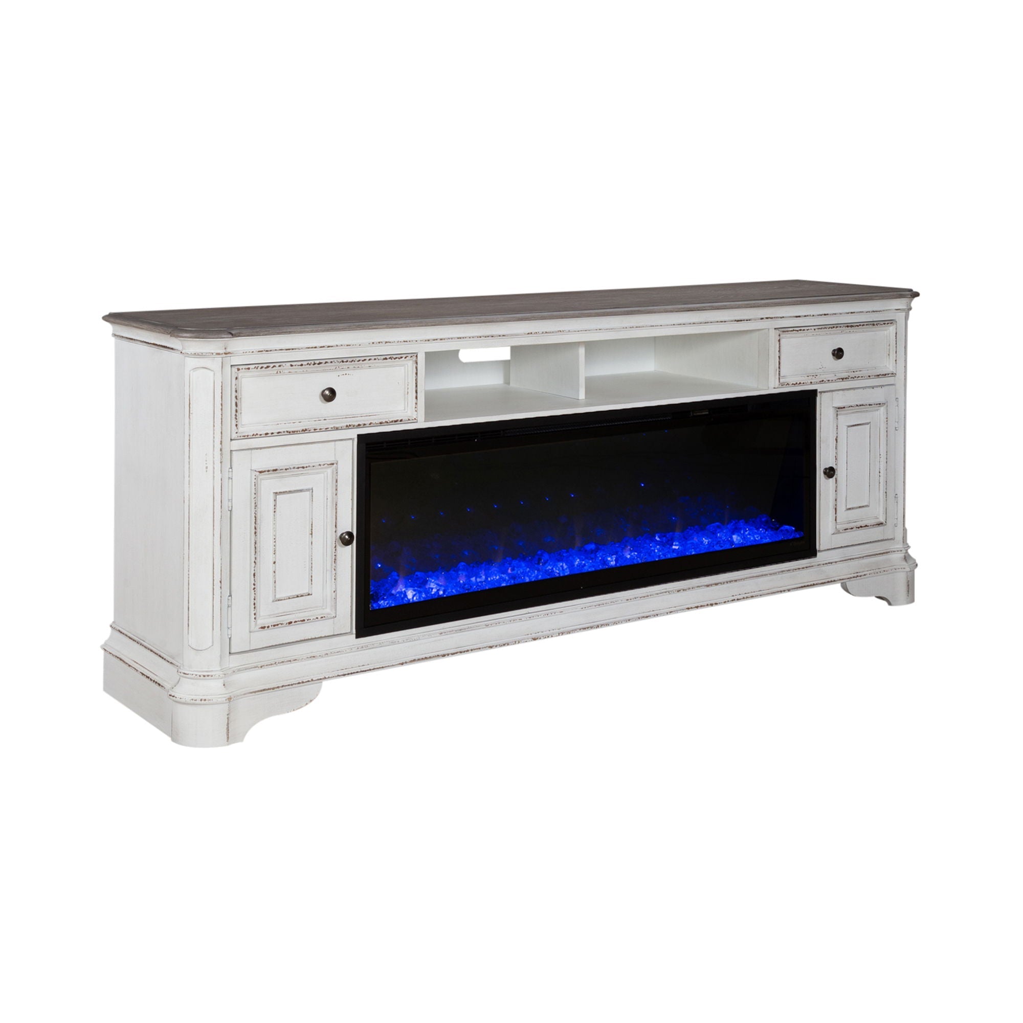 Liberty Furniture Magnolia Manor - 82" Console With Fire - White | Meri Furniture