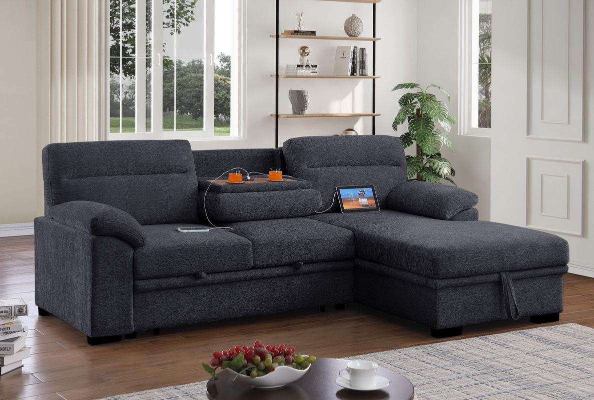 Kipling II 94"W Dark Gray Chenille Fabric Sleeper Sectional Sofa with Right-Facing Chaise, Cupholders, USB Charging port