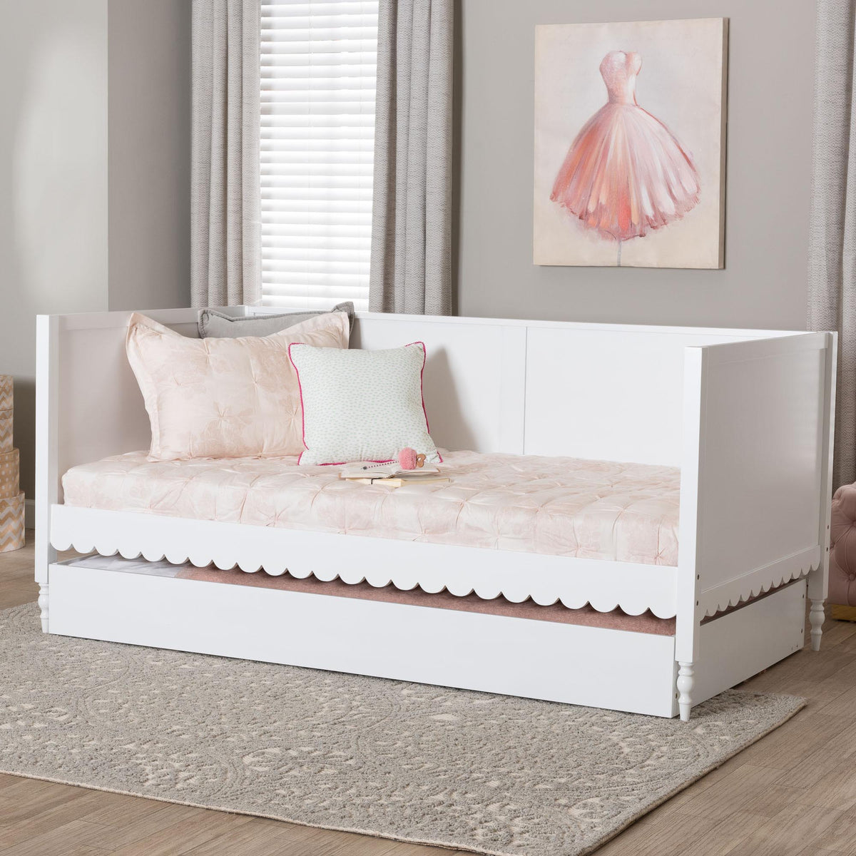 Roni Modern White Scalloped Wood Twin Daybed with Trundle
