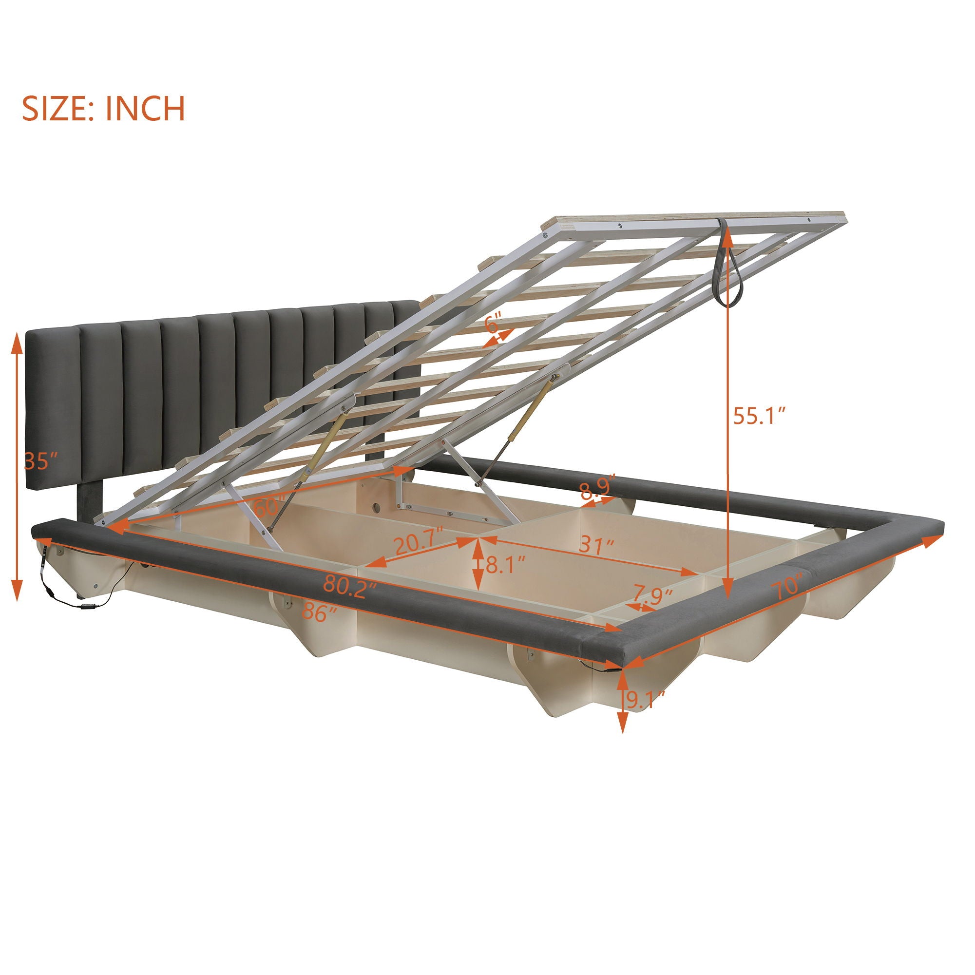 Upholstered Floating Hydrualic Platform Bed With LED Light And USB Port