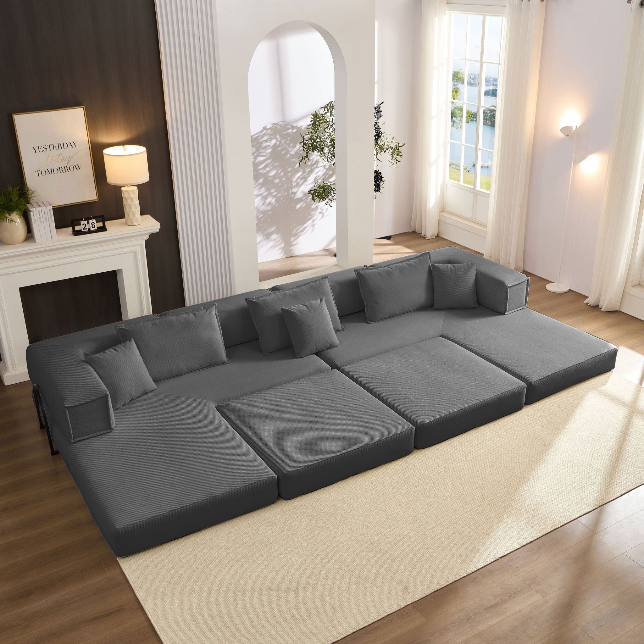 Modular L Shaped Floor Living Room Sofa Set With 6 Pillows