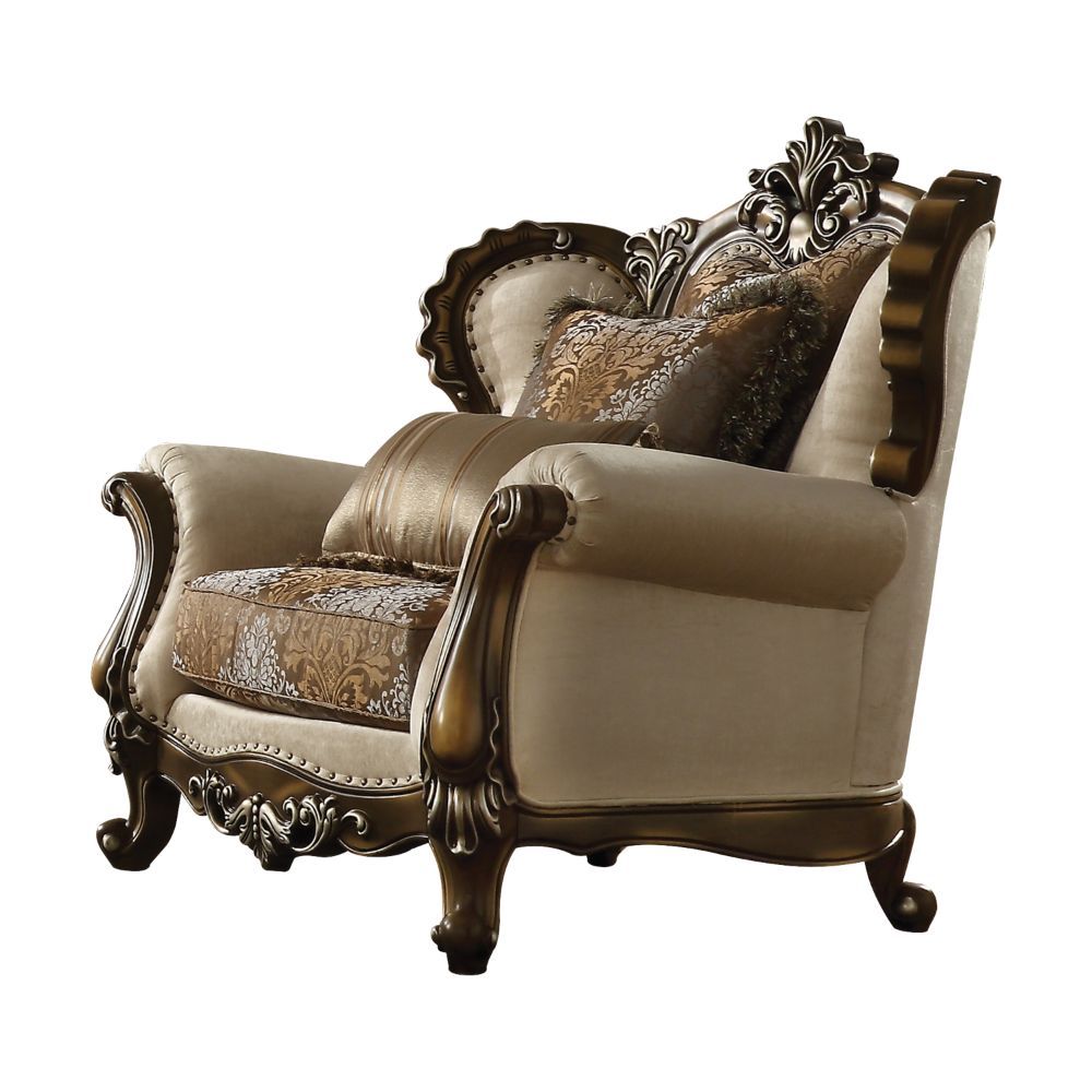 ACME Latisha - Chair - Tan, Pattern Fabric & Antique Oak | Meri Furniture