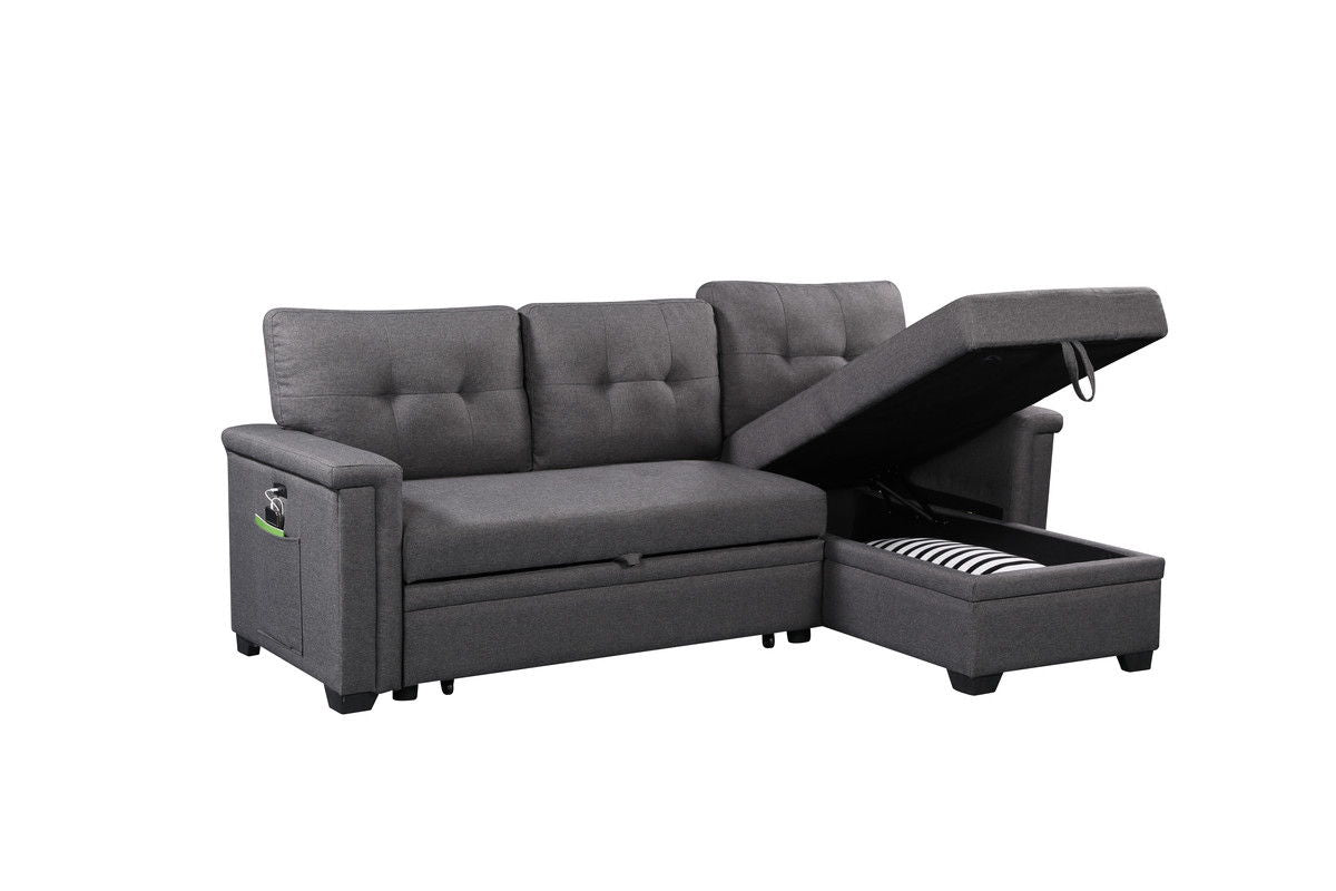 Ashlyn 84"W Dark Gray Reversible Sleeper Sectional Sofa with Storage Chaise, USB Charging Ports and Pocket
