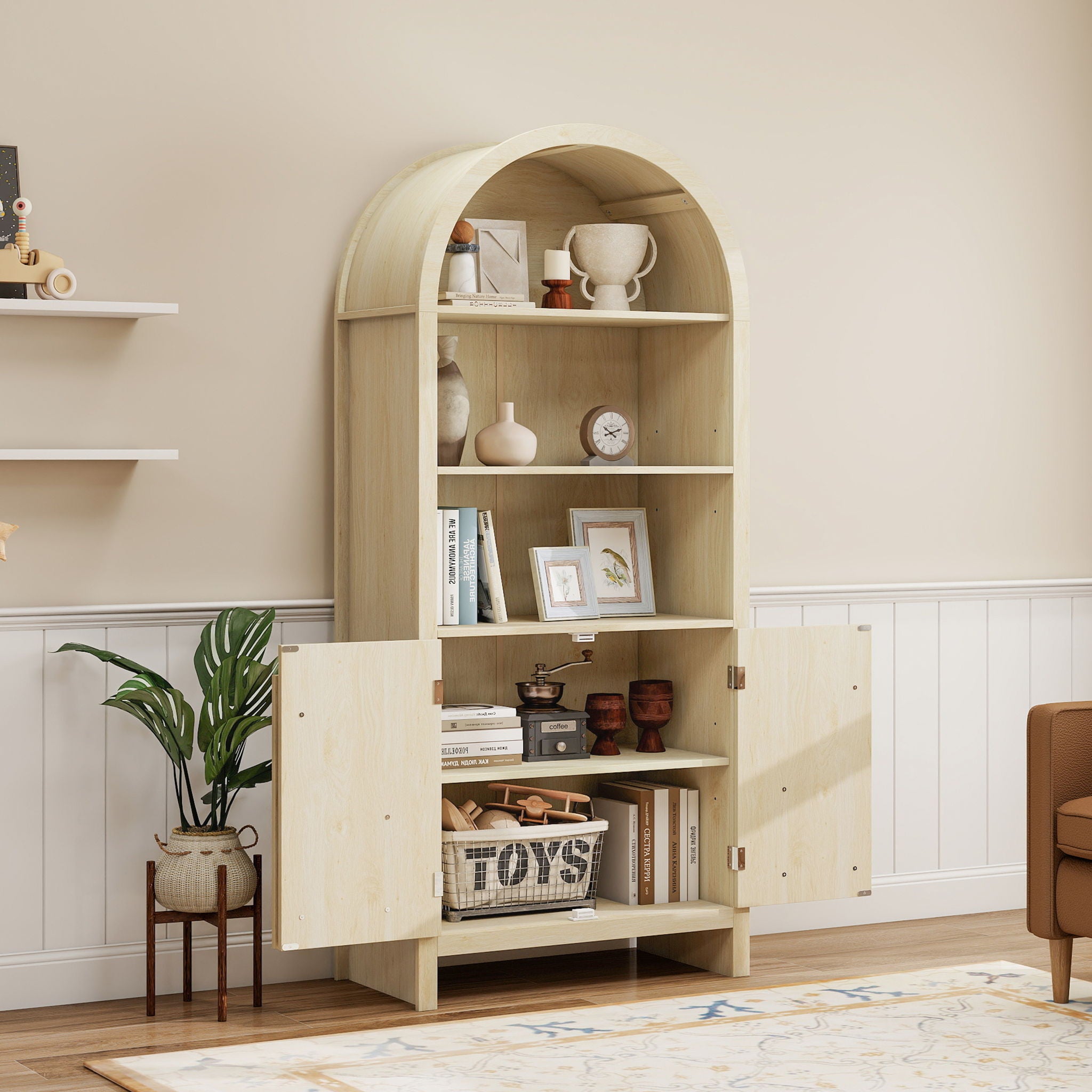 Arched Kitchen Pantry, Modern Farmhouse Wood Kitchen Storage Cabinets, Arched Storage Display Cabinet With Adjustable Shelves, Versatile Cupboard For Kitchen, Dining Room - Natural